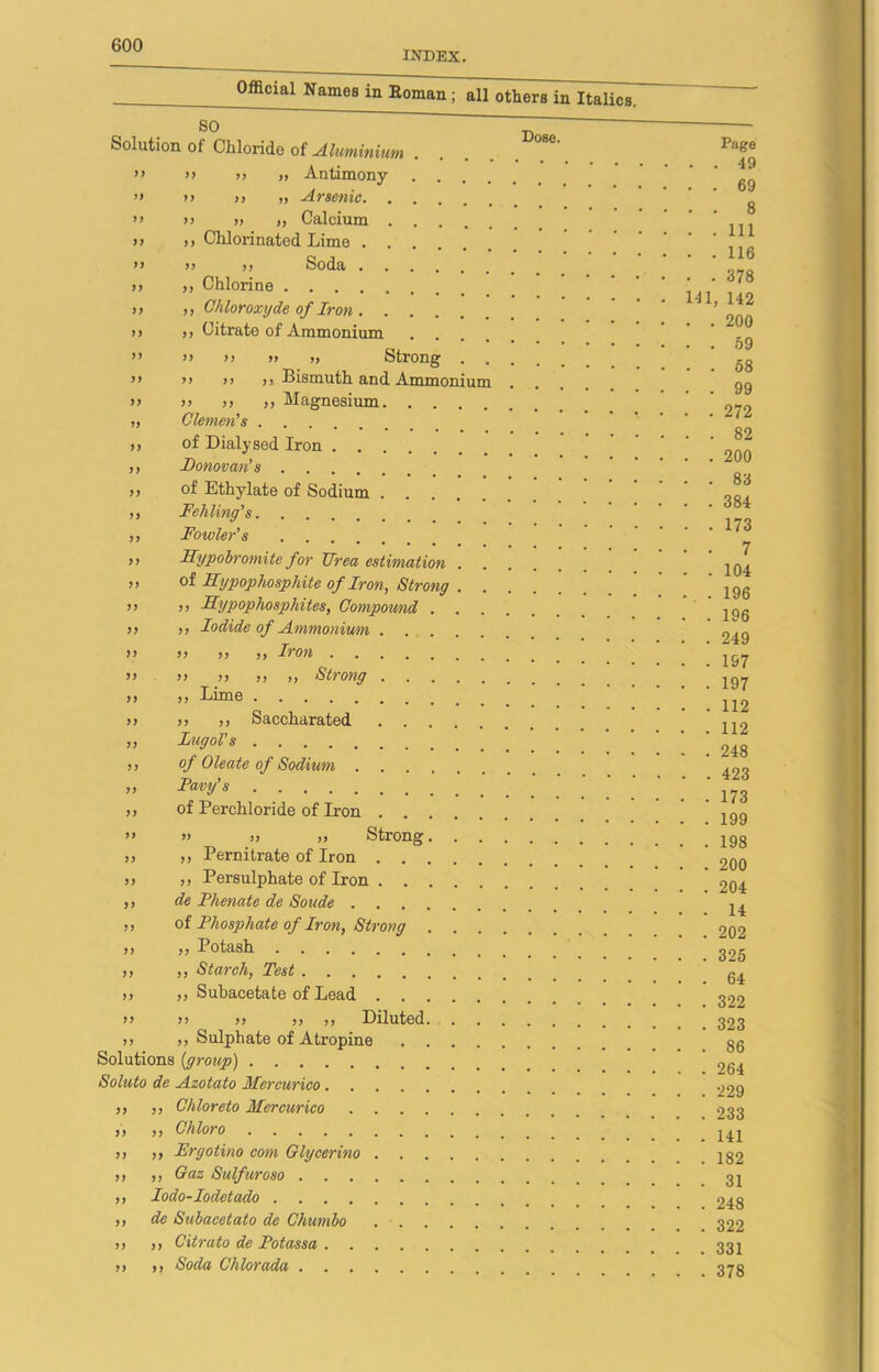 INDEX. 0fficial Names in ®oman ; all others in Italics. s° 7 ^ - Solution of Chloride of Aluminium °8<i' Pa^'® >> >> >) ,j Antimony *69 >> u >j » Arsenic ^ ” >> » j, Calcium . >) ,, Chlorinated Lime >> » >> Soda » „ Chlorine ’ ’ ‘ ‘ ‘ ,, ,, Chloroxyde of Iron ' ’ )> ,, Citrate of Ammonium .9 >> >> >> n >, Strong gg >> >> >> )!. Bismuth and Ammonium gg n >> >> ,, Magnesium ' 9„9 „ Clemen's ,, of Dialysed Iron * ,, Donovan's ,, of Ethylate of Sodium ... ooj » Felling's ' ,, Fowler’s ... 1 >> Sypobromite for Urea estimation „ of Hypophospliite of Iron, Strong jgg n ii Jtypophosphites, Compound 1Q6 ii ii Iodide of Ammonium 9^g ii ii ii a Iron ^ ii ii ii ii a Strong 107 » „ Lime IS 11 11 a Saccharated „ Lugovs ;;;;;; 248 ,, of Oleate of Sodium .... .9„ » Favy's .' 173 ,, of Perchloride of Iron 199 11 11 n a Strong 4gg ,, ,, Pernitrate of Iron ' 2go ,, ,, Persulphate of Iron 204 ,, de Phenate de Soude 44 ,, of Phosphate of Iron, Strong 2Q9 11 11 Potash 305 11 11 St archj Pcs t . ........ g4 ,, ,, Subacetate of Lead 322 11 n a a a Diluted >> ,, Sulphate of Atropine 86 Solutions (group) ’ 9g4 Soluto de Azotato Mercurico 99g ,, ,, Chloreto Mercurico 033 11 11 Chloro 11 11 Frgotino com Glycerino n ,, Gaz Sulf uroso 34 ,, Iodo-Iodetado 248 a de Subacetato de Chumbo 329 ,, ,, Citrato de Potassa >> ,, Soda Chlorada 373