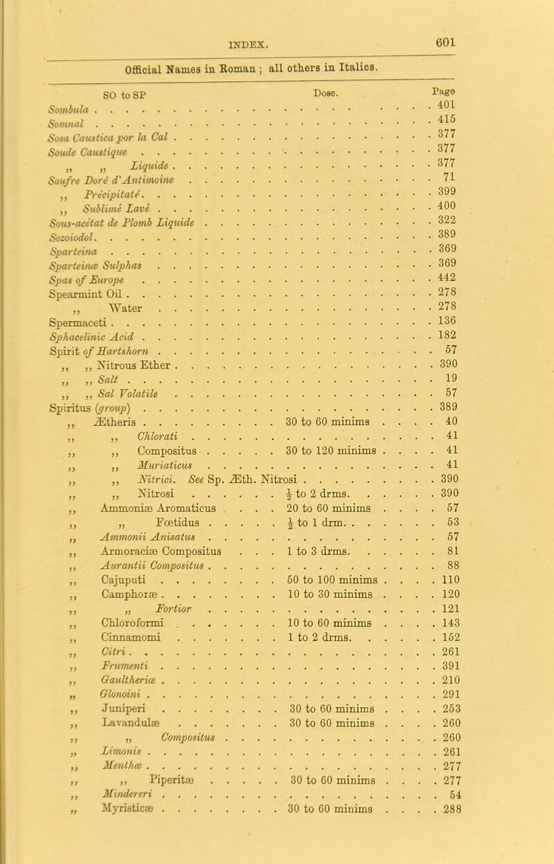 Official Names in Roman ; all others in Italics. SO to SP Dose. Pago Sombula ....401 415 Sosa Caustica por la Cal 377 Soude Caustique 377 „ „ Liquids 377 Soufre Lore d'Antimoins 71 „ Precipitate 399 „ Sublime Lave 400 Sous-acetat de Plomb Liquids 322 Sozoiodol 389 Spartcina 369 Sparteines Sulphas 369 Spas of Europe 442 Spearmint Oil 278 „ Water 278 Spermaceti 436 Sphacelinic Acid 182 Spirit of Hartshorn 57 „ ,, Nitrous Ether 390 „ „ Salt 19 „ ,, Sal Volatile 57 Spiritus {group) 389 „ iEtheris 30 to 60 minims .... 40 ,, ,, Chlorati 41 ,, ,, Compositus 30 to 120 minims .... 41 ,, ,, Muriaticus .41 „ ,, Nitrici. See Sp. 2Eth. Nitrosi 390 „ ,, Nitrosi J to 2 drms 390 ,, Ammonias Aromaticus . . . 20 to 60 minims .... 57 ,, „ Foetidus § to 1 drm 53 ,, Ammonii Anisatus 57 „ Armoraciae Compositus . . . 1 to 3 drms 81 „ Aurantii Compositus 88 „ Cajuputi 50 to 100 minims .... 110 ,, Camphorae 10 to 30 minims .... 120 ,, „ Fortior 121 ,, Chloroformi 10 to 60 minims .... 143 ,, Cinnamomi 1 to 2 drms 152 ,, Citri 261 ,, Frumenti 391 „ Gault herioe 210 „ Glonoini 291 „ Juniperi 30 to 60 minims .... 253 „ Lavandulae 30 to 60 minims .... 260 ,, „ Compositus 260 „ Limonis 261 ,, Menthee 277 ,, ,, Piperitse 30 to 60 minims .... 277 ,, Mindereri 54