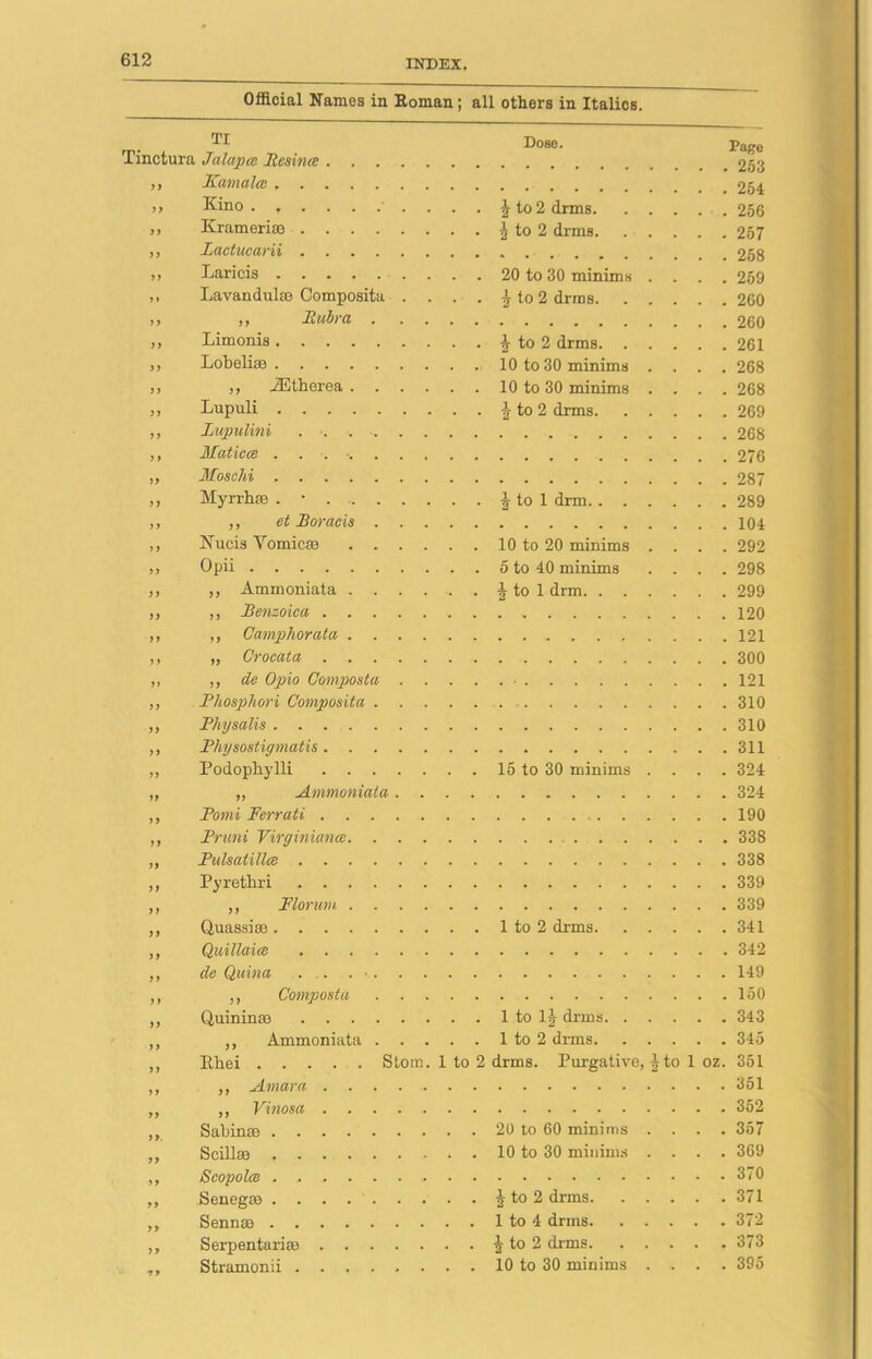Official Names in Roman; all others in Italics. Tinctura y y yy yy yy yy y y yy yy y y yy yy y y yy yy yy yy yy yy yy y y yy yy yy yy yy yy yy y y yy yy yy yy TI Jalapee Rcsinte . . . Kamalm Kino ...... Krameri® .... lactucarii .... Laricis Lavandula) Composita ,, Rubra . Limonis Lobeliae ,, iEtherea . . Lupuli Lupulini . . . . Maticee . . . . Moschi Myrrh® . . ,, et Roracis . Nucis Vomicae . . Opii ,, Ammoniata . . ,, Benzoica . . . ,, Camphorata . . „ Crocata . . . ,, do Opio Composta Phosphori Composita . Physalis Physostigmatis. . . Podophylli . . . ,, Ammoniata Pomi Ferrati . . . Pruni Virginiance. . Pulsatilla .... Pyrethri .... ,, Flortm . . Quassia) Dose. Page 253 254 ^ to 2 drms 256 2 to 2 drms 257 258 20 to 30 minims .... 259 2 to 2 drms 260 260 2 to 2 drms 261 10 to 30 minims .... 268 10 to 30 minims .... 268 2 to 2 drms 269 268 276 287 2 to 1 drm 289 104 10 to 20 minims .... 292 5 to 40 minims .... 298 2 to 1 drm 299 120 121 300 . • 121 310 310 311 15 to 30 minims .... 324 324 190 . . 338 338 339 339 1 to 2 drms 341 y y yy y y yy yy y y yy yy yy y y yy yy yy yy Quillaice de Quina . . . ■ ,, Composta Quininse 1 to 1J drms. . . ,, Ammoniata 1 to 2 drms. . . Rhei Slom. 1 to 2 drms. Purgative, ,, Arnara ,, Vinosa Sabin® 20 to 60 minims . Scill® 10 to 30 minims . Scopolce . Seneg® $ to 2 drms. . . Senn® 1 to 4 drms. . . Serpentari® § to 2 drms. . . Stramonii 10 to 30 minims . . . .342 . . . 149 . . .150 . . .343 . . .345 to 1 oz. 351 . . .351 . . .352 . . .357 . . . 369 . . .370 ... 371 . . .372 ... 373 . . .395
