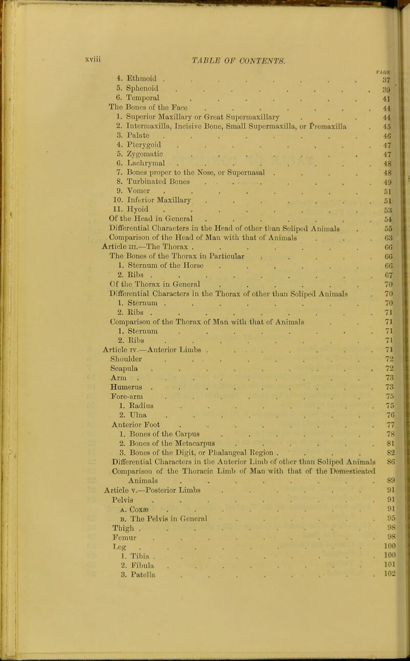 4. Ethmoid ....... 5. Sphenoid ....... 6. Temporal ...... The Boues of the Faoe ...... 1. Superior Maxillary or Great Supermaxillary 2. Interiuaxilla, Incisive Bone, Small Supermaxilla, or fremaxLlla 3. Palate ....... 4. Pterygoid ...... 5. Zygomatic ...... 6. Lachrymal ...... 7. Bones proper to the Nose, or Supernasal . 8. Turbinated Bones ... 9. Vomer ....... 10. Inftrior Maxillary ..... 11. Plyoid ....... Of the Head in General ..... Differential Characters iu the Head of other than Soliped Animals Comparison of the Head of Man with that of Animals Article nr.—The Thorax ...... The Bones of the Thorax in Particular 1. Sternum of the Horse ..... 2. Eibs . . Of tiie Thorax in General . . . . . Differential Characters in the Thorax of other than Soliped Animals 1. Sternum ....... 2. Eibs ...... Comparison of the Thorax of Man with that of Animals 1. Sternum ..... 2. Eibs Article iv.—Anterior Limbs . Shoulder . ... Scaj)ula .... Arm .... Humerus .... Fore-arm 1. Eadius 2. Ulna Anterior Foot 1. Bones of the Carpus 2. Bones of the Metacarpus 3. Bone.s of the Digit, or Plialangeal Eegion Differential Characters in the Anterior Limb of other than Soliped Animals Comparisou of the Thoracic Limb of Man with that of the Domesticated Animals Article v.—Posterior Limbs Pelvis .... A. Coxffl B. The Pelvis in General Thigh .... Femur .... Leg .... 1. Tibia .... 2. Fibula . 3. Patella I'AGB 89 91 91 91 95 98 98 100 100 101 102