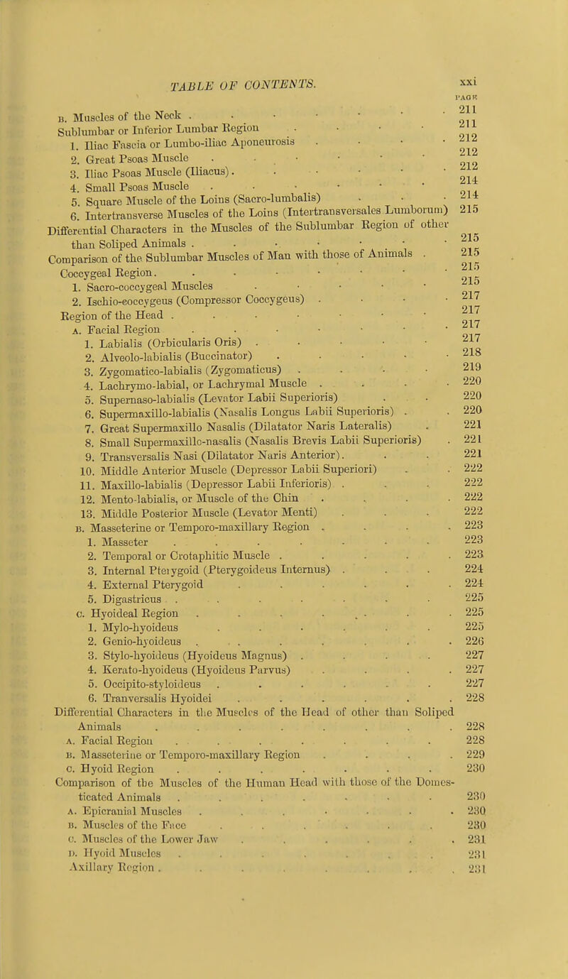 u. Muscles of the Neck . . • Subhimbar or Inferior Liimbar Kogion 1. Iliac Fascia or Lunibo-iliac Aponeurosis . • • • 2. Great Psoas Muscle . - • 3. Iliac Psoas Muscle (Iliacus) 4. Small Psoas Muscle 5 Square Muscle of the Loins (Sacro-lumbalis) 6 Interti-ansverse Muscles of the Loins (Intertransversales Luraboruni) Diflerential Chai-acters in the Muscles of the Sublumbar Kegion of other than Soliped Animals Comparison of the Sublumbar Muscles of Man with those of Animals Coccygeal Region 1. Sacro-coccygeal Muscles . • • • 2. Ischio-Goccygeus (Compressor Coccygeus) . Kegion of the Head A. Facial Eegion 1. Labialis (Orbicularis Oris) . . • • 2. Alveolo-labialis (Buccinator) .... 3. Zygomatico-labialis (Zygomaticus) . 4. Lachrymo-labial, or Lachrymal Muscle . 5. Supemaso-labialis (Levator Labii Superioris) 6. Supermaxillo-labialis (Xasalis Longus Labii Superioris) . 7. Great Supermaxillo Nasalis (Dilatator Naris Lateralis) 8. Small Supermaxillo-nasalis (Nasalis Brevis Labii Superioris) 9. Tranaversalis Nasi (Dilatator Naris Anterior). 10. Middle Anterior Muscle (Depressor Labii Superiori) 11. Maxillo-labialis (Depressor Labii Inferioris) . 12. Mento-labialis, or Muscle of the Chin 13. Middle Posterior Muscle (Levator Menti) B. Masseterine or Temporo-maxillary Eegion . 1. Masseter 2. Temporal or Crotaphitic Muscle .... 3. Internal Pteiygoid (Pterygoideus Intemus) . 4. External Pterygoid ..... 5. Digastricus ...... c. Hyoideal Eegion . . . . . ■ 1. Mylo-hyoideus ..... 2. Genio-hyoideus ... 3. Stylo-hyoideus (Hyoideus Magnus) . 4. Kerato-hyoideus (Hyoideus Parvus) 5. Occipito-styloideus ..... 6. Tranversalis Hyoidei ...... Diiferential Characters in the Muscles of the Head of other than Soliped Animals ........ A. Facial Regioa .... B. Masseterine or Temporo-maxUlary Eegion 0. Hyoid Eegion ....... Comparison of the Muscles of the Human Head willi those of the Dou^os- ticated Animals A. Epicranial Muscles B. Muscles of the Face ..... c. Muscles of tlie Lower Jaw ..... 1). Hyoid INIusclcs ...... Axillarv Eegion ....... I'AOT', 211 211 212 212 212 214 214 215 215 215 215 215 217 217 217 217 218 219 220 220 220 221 221 221 222 222 222 222 223 223 223 224 224 225 225 225 226 227 227 227 228 228 228 229 230 230 23Q 230 231 231 231