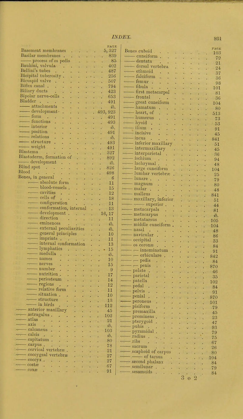 i)Sl I'AQK Basement membranes .... 5, 327 Basilar membranes 839 process of OS pedis .... 85 Bauhini, valvula 402 Bellini's tubes 487 Bicipital tuberosity . . . ... . 256 Bicuspid valve 507 Biflex canal 794 Biliary ducts 423 Bipolar nerve-cells 653 Bladder 491 attachments ib. development • 493, 923 form 491 functions 493 interior position 491 relations tj. structure 493 weight 491 Blastema 327 Blastoderm, formation of ... . 892 development jj. Blind spot 826 Blood 498 Bones, in general 6 : absolute form .... 11 blood-vessels 15 cavities 12 cells of 18 configuration .... 11 conformation, internal . . 13 development .... 16, 17 direction 11 eminences j5. external peculiarities . . ib. general principles ... 10 -. Imprints 11 internal conformation . . 13 lymphatics .15 medulla t6. names 10 nerves I5 number 9 nutrition I7 periosteum 14 regions 12 relative form .... 11 situation 10 structure l.S in birds 112 T anterior ma.xillary .... 45 —— astragalus 102 atlas _ 21 axis • . . - calcaneus 103 - calcis - capitatum 80 - carpus 78 • cervical vertebra; 21 - coccygeal vertebra; .... 27 • coccyx 27 • costas 07 • coxae 91 Bones cuboid jq^' cuneiform 70 dentata ' 21 dorsal vertebra .... 24 ethmoid ' 3^ falciform femur 93 fibula 101 first metacarpal 81 frontal 35 great cuneiform 104 hamatum 80 heart, of 513 humerus 73 hyoid 53 ilium 91 incisive 45 incus 841 inferior maxillary .... 51 intermaxillary 45 interparietal 35 ischium 94 lachrymal 48 large cuneiform 104 lumbar vertebra; 25 lunare 79 magnum 80 malar 43 malleus 841 maxillary, inferior .... 51 superior 44 metacarpals gi metacarpus metatarsus 105 middle cuneiform 104 nasal 43 navicular occipital 33 OS corona 84 innominatum 91 orbiculare 842 pedis 84 — penis 870 palate 46 parietal 35 patella 102 pedal 84 pelvis 91 Penial 870 peroneus 101 pisiform 79 premaxilla 45 prominens 23 pterygoid 47 putis 93 pyramidal 79 radius . ... . . . . 75 I'ibs . 67 sacrum 26 scaphoid of carpus . . . . 80 — of tarsus 104 — second phalanx 84 semilunar 79 — sesamoids §4