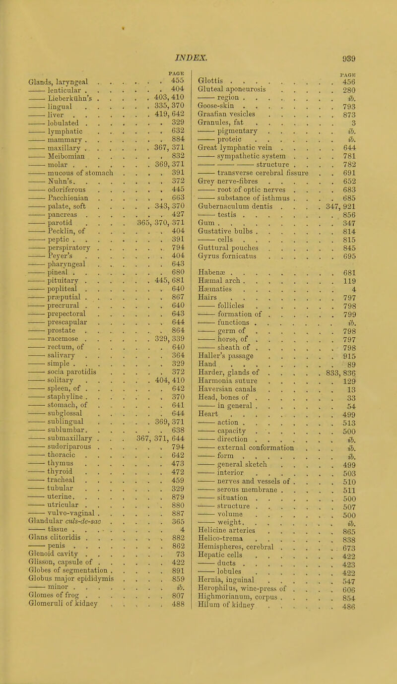 t INDEX. 989 PAGE Glands, laryngeal 455 lenticular 404 Lieborkiilm's 403,410 lingual 335,370 ^ liver 419,642 lobulated 329 lymphatic 632 mammary 884 maxillary 367, 371 Meibomian 832 molar 369,371 mucous of stomach .... 391 Nuhn's 372 odoriferous 445 Pacchionian 663 palate, soft 343, 370 pancreas 427 parotid .... 365, 370, 371 Pecklin, of 404 peptic 391 perspiratory 794 Peyer's 404 phciryngeal 643 pineal 680 pituitary 445, 681 popliteal 640 prceputial 867 precrural 640 prepectoral 643 prescapular 644 prostate 864 racemose 329, 339 rectum, of 640 salivary 364 simple 329 socia parotidis 372 solitary 404, 410 spleen, of 642 staphyline 370 stomach, of ..... . 641 subglossal 644 sublingual 369, 371 sublumbar 638 submaxillary . . . 367, 371, 644 sudoriparous 794 thoracic 642 thymus 473 thyroid 472 ' tracheal 459 tubular 329 uterine 879 utricular 880 vulvo-vaginal 887 Glandular culs-de-sac 365 tissue . . . ■ 4 Glans clitoridis 882 penis 862 Glenoid cavity 73 Glisson, capsule of 422 Globes of segmentation 891 Globus major epididymis .... 859 minor ib. Glomes of frog 807 Glomeruli of kidney 488 I'AOK Glottis 456 Gluteal aponeurosis 280 region ib. Goose-skin 793 Graafian vesicles 873 Granules, fat 3 pigmentary ib. proteic ib. Great lymphatic vein 644 sympathetic system .... 781 structure . . . .782 transverse cerebral fissure . . 691 Grey nerve-fibres 652 root of optic nerves .... 683 substance of isthmus .... 685 Gubernaculum dentis .... 347, 921 testis 856 Gum 347 Gustative bulbs 814 cells 815 Guttural pouches 845 Gyrus fornicatus 695 Habente 681 Haemal arch 119 Haeinaties 4 Hairs 797 follicles 798 formation of 799 —■— functions ib. germ of 798 horse, of 797 sheath of 798 Haller's passage 915 Hand 89 Harder, glands of 833, 836 Harmonia suture 129 Haversian canals 13 Head, bones of 33 in general 54 Heart 499 action 513 capacity 500 direction t6. external conformation . . . ib. form ib. general sketch 499 interior 503 nerves and vessels of . . . . 510 serous membrane 511 situation 500 structure 507 volume 500 -weight ib. Helicine arteries 865 Helico-trema 838 Hemispheres, cerebral 673 Hepatic cells 422 ducts 423 lobules 422 Hernia, inguinal 547 Herophilus, wine-press of ... . G06 Highmorianum, corpus 854 Hilum of kidney 436