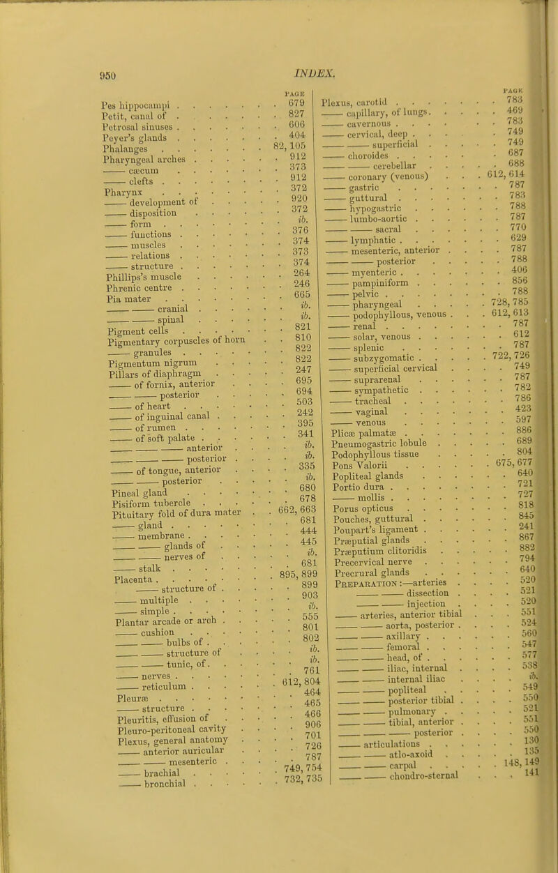 I'AOE Pes hippuciuupi '^'^^ Petit, ciiuiil of Peti'osul sinuses . Peyer's gliinds . Phalanges Pharyngeal arches ca;ciim clefts . Pharynx development of disposition form functions 827 . 006 . 404 82, 105 . 912 . 873 . 912 . 372 . 920 . 372 . ib. . 376 Plexus, carotid . capillary, of luugs cavernous . cervical, deep . superficial ■ clioroides . ■ cerebellar ■ coronary (venous) muscles gjg . . . 374 relations structure Phillips's muscle Phrenic centre . Pia mater cranial spinal Pigment cells Pigmentary corpuscles of horn granules Pigmentum nigrum Pillars of diaphragm . of fornix, anterior ■ posterior of heart of inguinal canal . of rumen . ■ of soft palate . . anterior posterior 264 246 665 821 810 822 822 247 695 694 503 242 395 341 ib. of tongue, anterior ■ posterior 335 ib. 680 678 662, 663 Pineal gland Pisiform tubercle . Pituitary fold of dura mater . . —-gland ... ... 681 membrane . glands of nerves of 444 445 stalk 681 Placenta. 895,899 structure of multiple simple . Plantar arcade or arch . . cushion . . • bulbs of . structure of tunic, of. nei-ves • . reticulum ^^'^■> 899 903 ib. 555 801 802 ib. ib. 761 804 464 465 Pleurae structure • „. effusion of Pleuritis, Pleuro-peritoneal cavity Plexus, general anatomy anterior auricular mesenteric . brachial ■ bronchial . 906 . 701 . 726 . 787 749, 754 732, 735 I'AG K 783 469 783 749 749 087 688 612,614 gastric guttural hypogastric 788 lumbo-aortic 787 sacral 770 lymphatic 629 mesenteric, anterior . . . .787 posterior 788 myenteric ■ pampiniform 8o6 • pelvic 788 • pharyngeal 728, 785 - podophyllous, venous . . . 612, 613 - renal 787 - solar, venous 612 - splenic 787 - subzygomatic 722, 726 - superficial cervical .... 749 - suprarenal 787 - sympathetic 782 - tracheal 786 - vaginal ^^'^ - venous Plica; palmata; 880 Pneumogastric lobule 689 Podophyllous tissue 804 Pons Valorii 675, 677 Popliteal glands 640 Portio dura 721 mollis 727 Porus opticus 818 Pouches, guttural 84o Poupart's ligament 241 Prajputial glands 867 Prajputium clitoridis 88-. Precervical nerve ... Precrural glands Preparation :—arteries . dissection . injection arteries, anterior tibial aorta, posterior . axillary . femoral . head, of '^J.i iliac, internal '^^^ internal iliac popliteal posterior tibial pulmonary . tibial, anterior posterior articulations . atlo-axoid 794 640 520 521 520 hh\ 524 500 547 538 ih. 549 5.i0 521 5M 550 130 135 carpal 1*8,149 chondro-sternal . . ,