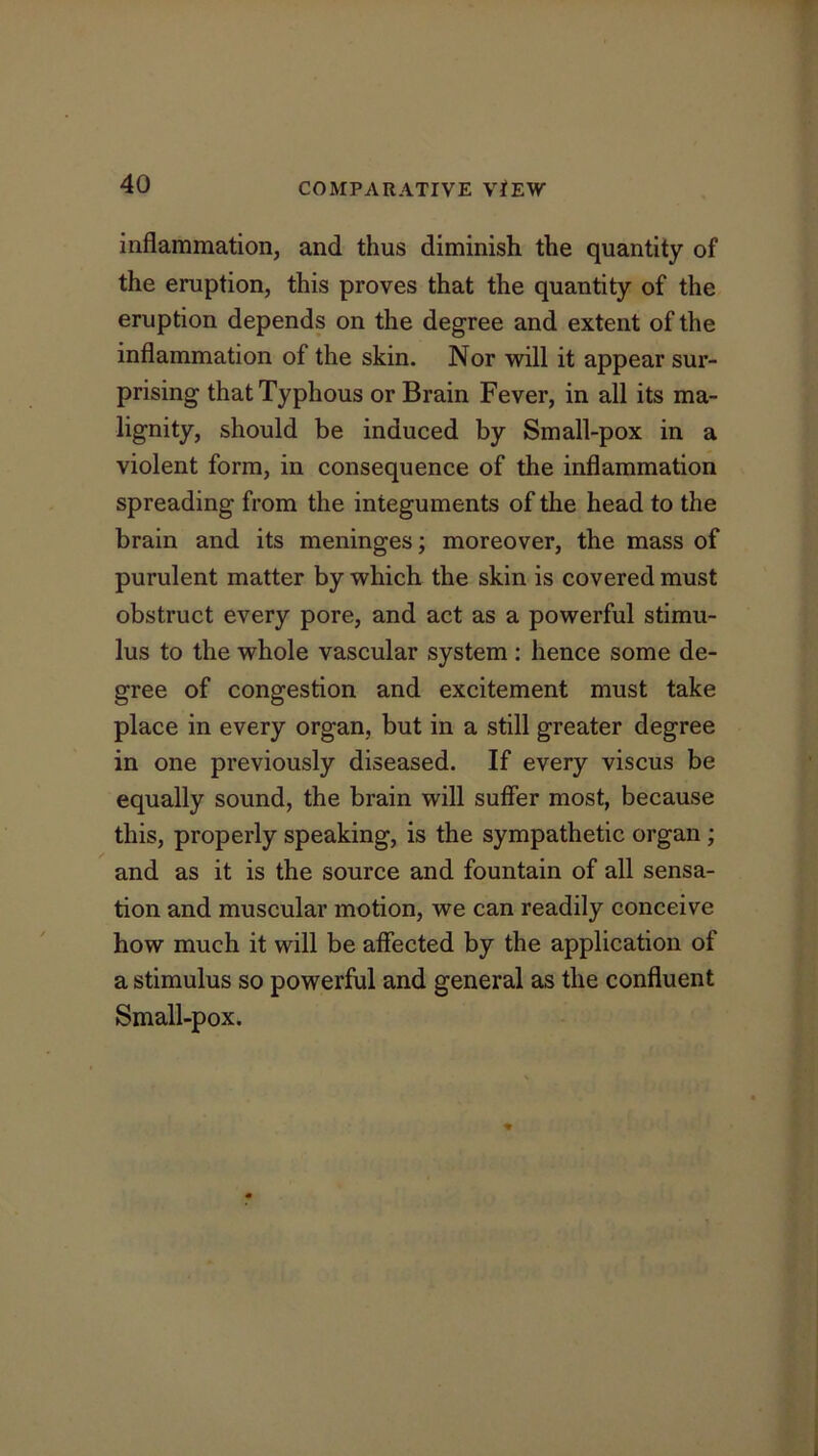 inflammation, and thus diminish the quantity of the eruption, this proves that the quantity of the eruption depends on the degree and extent of the inflammation of the skin. Nor will it appear sur- prising that Typhous or Brain Fever, in all its ma- lignity, should be induced by Small-pox in a violent form, in consequence of the inflammation spreading from the integuments of the head to the brain and its meninges; moreover, the mass of purulent matter by which the skin is covered must obstruct every pore, and act as a powerful stimu- lus to the whole vascular system; hence some de- gree of congestion and excitement must take place in every organ, but in a still greater degree in one previously diseased. If every viscus be equally sound, the brain will suffer most, because this, properly speaking, is the sympathetic organ; and as it is the source and fountain of all sensa- tion and muscular motion, we can readily conceive how much it will be affected by the application of a stimulus so powerful and general as the confluent Small-pox.