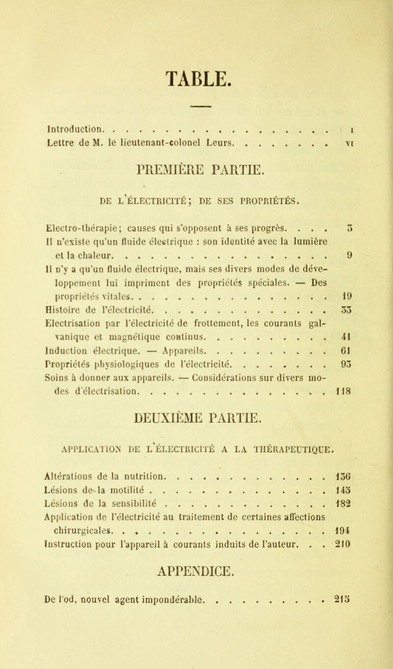 TABLE. Introduction 1 Lettre de M. le lieutenant-colonel Leurs vi PREMIÈRE PARTIE. de l'électricité; de ses propriétés. Electro-thérapie; causes qui s'opposent à ses progrès. ... 3 Il D'existé qu'un fluide élettrique : son identité avec la lumière et la chaleur 9 11 n'y a qu'un fluide électrique, mais ses divers modes de déve- loppement lui impriment des propriétés spéciales. — Des propriétés vitales 19 Histoire de L'électricité 33 Llectrisation par l'électricité de frottement, les courants gal- vanique et magnétique continus 41 Induction électrique. — Appareils 61 Propriétés physiologiques de l'électricité 93 Soins à donner aux appareils. — Considérations sur divers mo- des d eleetrisation 118 DEUXIÈME PARTIE. APPLICATION DE L'ÉLECTRICITÉ A LA THÉRAPEUTIQUE. Altérations de la nutrition 136 Lésions de la motilité 143 Lésions de la sensibilité t82 Application de l'électricité au traitement de certaines affections chirurgicales 194 Instruction pour l'appareil à courants induits de l'auteur. . . 210 APPENDICE. De l'od, nouvel agent impondérable 215