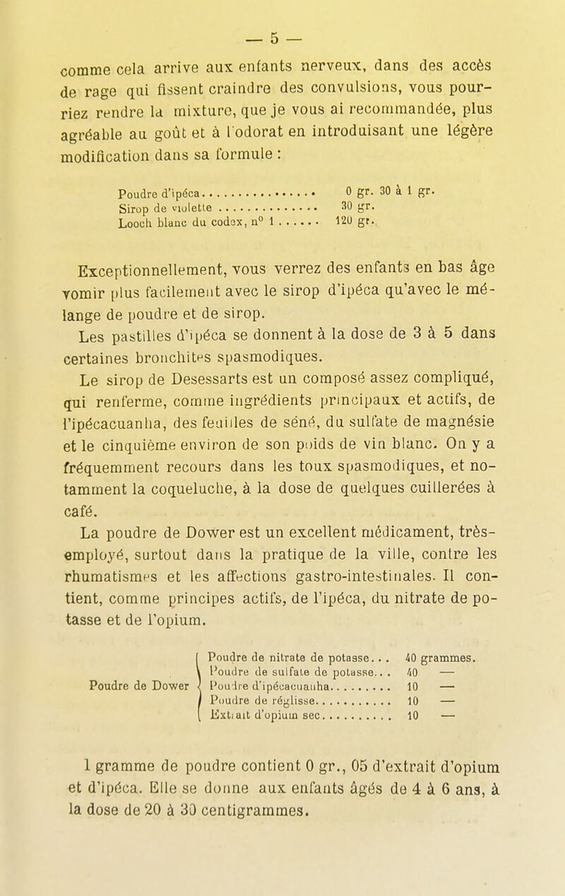 comme cela arrive aux enfants nerveux, dans des accès de rage qui fissent craindre des convulsions, vous pour- riez rendre la mixture, que je vous ai recommandée, plus agréable au goût et à l odorat en introduisant une légère modification dans sa formule : Poudre d'ipéca 0 gr. 30 à 1 gr. Sirop de violeti.e 30 gr. Loouh blanc du codax, n° i 120 gr.. Exceptionnellement, vous verrez des enfants en bas âge Yomir [jIus facilement avec le sirop d'ipéca qu'avec le mé- lange de poudre et de sirop. Les pastilles d'ipéca se donnent à la dose de 3 à 5 dans certaines broncllit^^s spasmodiques. Le sirop de Desessarts est un composé assez compliqué, qui renferme, comme ingrédients principaux et actifs, de l'ipécacuanha, des feuilles de séné, du sulfate de magnésie et le cinquième environ de son poids de vin blanc. On y a fréquemment recours dans les toux spasmodiques, et no- tamment la coqueluche, à la dose de quelques cuillerées à café. La poudre de Dower est un excellent médicament, très- employé, surtout dans la pratique de la ville, contre les rhumatismf^s et les affections gastro-intestinales. Il con- tient, comme principes actifs, de l'ipéca, du nitrate de po- tasse et de l'opium. [ Poudre de nitrate de potasse. .. 40 grammes. V Poudre de sulfate de potasse.. . 40 — Poudre de Dower l Pou-Ire d'ipécacuauha 10 — I Poudre de réglisse 10 — [ Exilait d'opium sec 10 — 1 gramme de poudre contient 0 gr., 05 d'extrait d'opium et d'ipéca. Elle se donne aux enfants âgés de 4 à 6 ans, à la dose de 20 à 30 centigrammes.