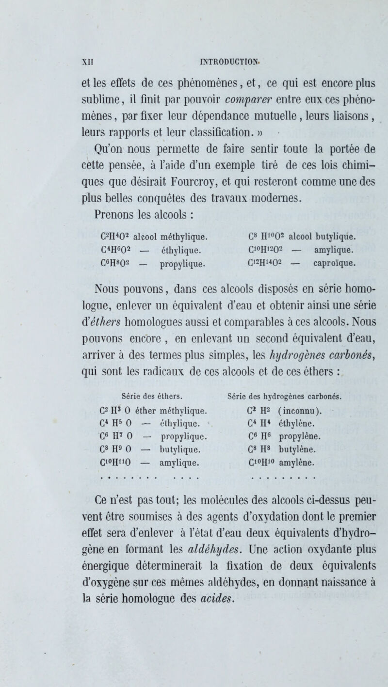 et les effets de ces phénomènes, et, ce qui est encore plus sublime, il finit par pouvoir comparer entre eux ces phéno- mènes , par fixer leur dépendance mutuelle, leurs liaisons, leurs rapports et leur classification. » Qu’on nous permette de faire sentir toute la portée de cette pensée, à l’aide d’un exemple tiré de ces lois chimi- ques que désirait Fourcroy, et qui resteront comme une des plus belles conquêtes des travaux modernes. Prenons les alcools : C2H402 alcool méthylique. C8 H1002 alcool butylique. C4H602 — éthylique. C10H1202 — amylique. C6H802 — propylique. C)2H1402 — caproïque. Nous pouvons, dans ces alcools disposés en série homo- logue, enlever un équivalent d’eau et obtenir ainsi une série $ éthers homologues aussi et comparables à ces alcools. Nous pouvons encore , en enlevant un second équivalent d’eau, arriver à des termes plus simples, les hydrogènes carbonés, qui sont les radicaux de ces alcools et de ces éthers : Série des éthers. C2 H3 0 éther méthylique. C4 H5 0 — éthylique. G6 II7 0 — propylique. G8 H9 0 — butylique. C10HnO — amylique. Série des hydrogènes carbonés. C2 H2 (inconnu). C4 H4 éthylène. C6 H6 propylène. C8 H8 butylène. C10H10 amylène. Ce n’est pas tout; les molécules des alcools ci-dessus peu- vent être soumises à des agents d’oxydation dont le premier effet sera d’enlever à l’état d’eau deux équivalents d’hydro- gène en formant les aldéhydes. Une action oxydante plus énergique déterminerait la fixation de deux équivalents d’oxygène sur ces mêmes aldéhydes, en donnant naissance à la série homologue des acides.