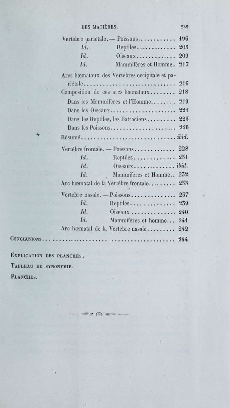 Vertèbre pariétale.— Poissons 196 Id. Reptiles 203 Id. Oiseaux 209 Id. Mammifères et Homme. 213 Arcs hæmataux des Vertèbres occipitale et pa- riétale 216 Composition de ces arcs hæmataux 218 Dans les Mammifères et l’Homme 219 Dans les Oiseaux 221 Dans les Reptiles, les Batraciens 223 Dans les Poissons 226 Résumé ibid. Vertèbre frontale. — Poissons 228 Id. Reptiles 231 Id. Oiseaux ibid. Id. t Mammifères et Homme.. 232 Arc hœmatal de la Vertèbre frontale 233 Vertèbre nasale. — Poissons 237 Id. Reptiles 239 Id. Oiseaux 240 Id. Mammifères et homme... 241 Arc hæmatal de la Vertèbre nasale 242 Conclusions 244 Explication des planches Tableau de synonymie. Planches.