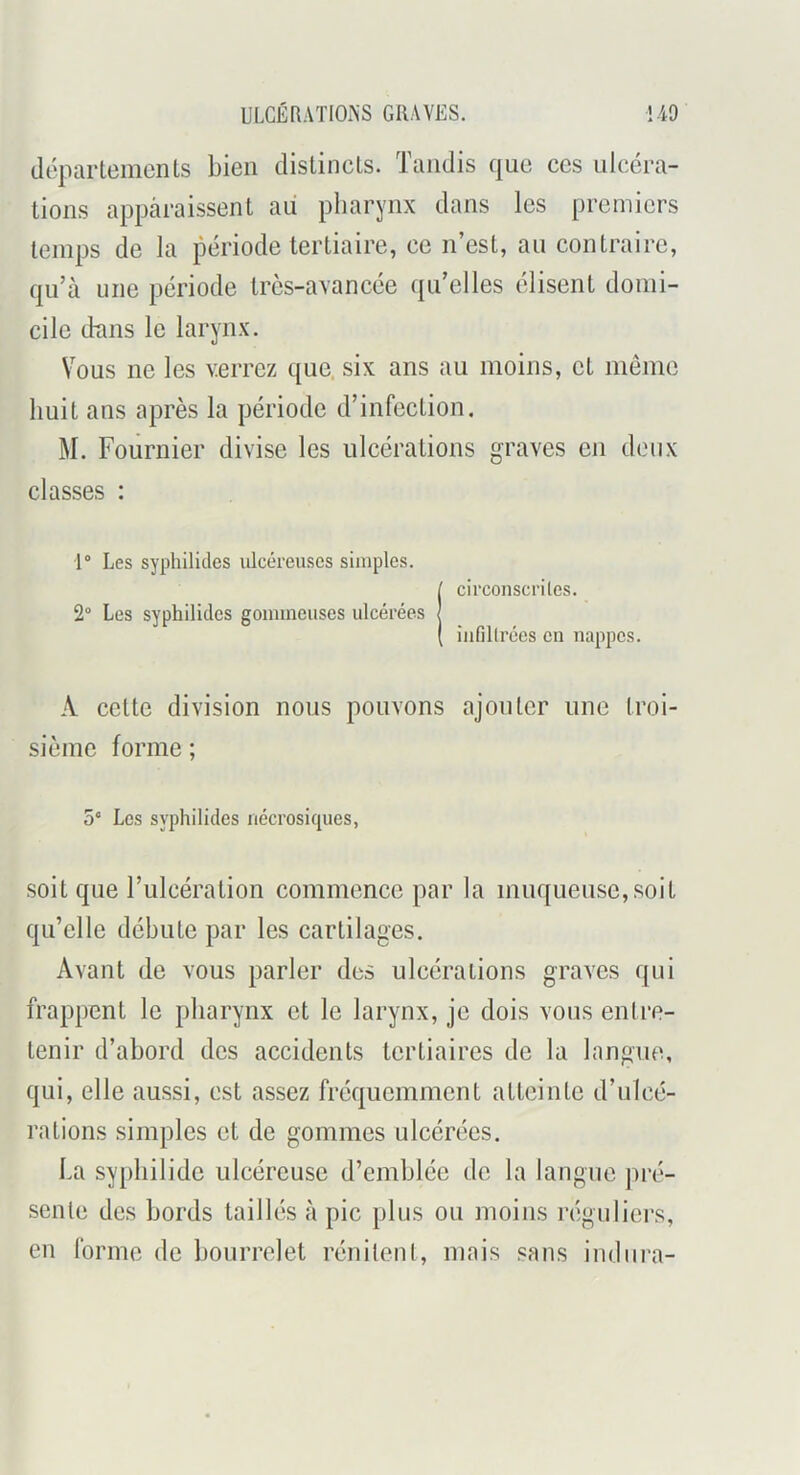 départements bien distinets. Tandis que ces ulcéra- tions appcâraissent au pharynx dans les premiers temps de la période tertiaire, ce n’est, au contraire, qu’à une période très-avancée qu’elles élisent domi- cile dans le larynx. Vous ne les verrez que. six ans au moins, et môme huit ans après la période d’infection. M. Foiirnier divise les ulcérations graves en deux classes : 1° Les syphilides ulcéreuses simples. I circonscrites, infiltrées en nappes. A cette division nous pouvons ajouter une troi- sième forme ; 5“ Los syphilides nécrosiques, soit que Tulcération commence par la muqueuse, soit qu’elle débute par les cartilages. Avant de vous parler des ulcérations graves qui frappent le pharynx et le larynx, je dois vous entre- tenir d’abord des accidents tertiaires de la langue, qui, elle aussi, est assez fréquemment atteinte d’ulcé- rations simples et de gommes ulcérées. La syphilidc ulcéreuse d’emblée de la langue pré- sente des bords taillés à pic plus ou moins réguliers, en forme de bourrelet rénilent, mais sans indiiia-