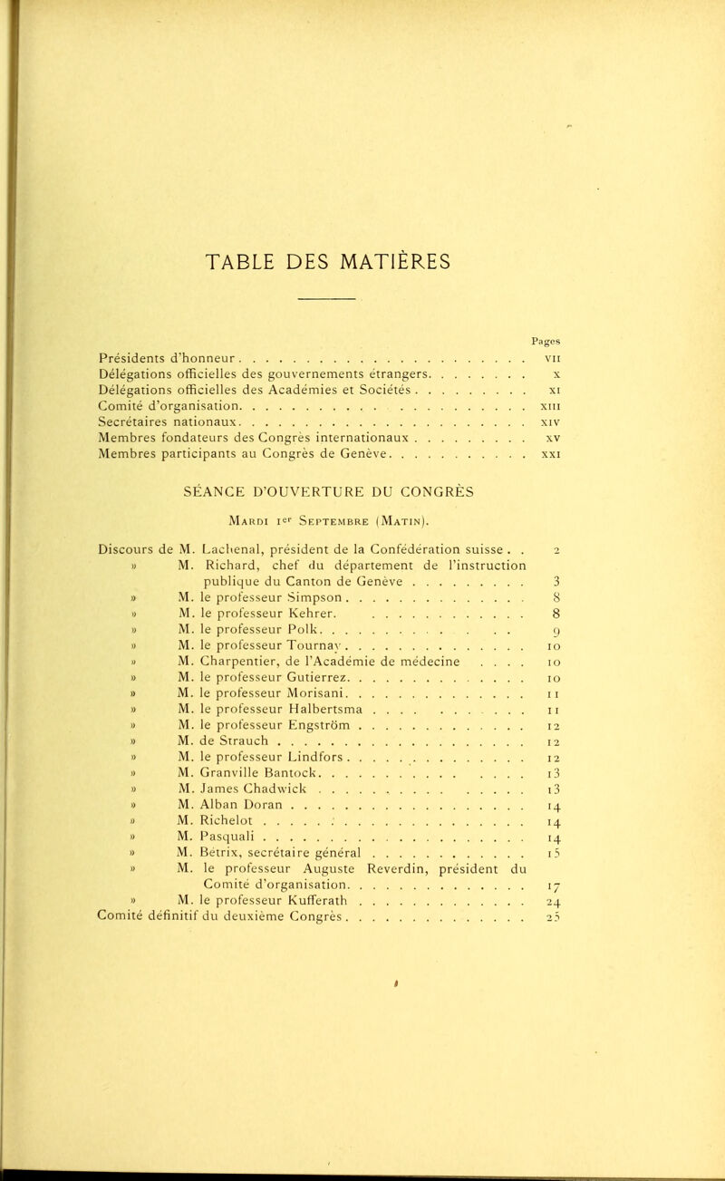 TABLE DES MATIÈRES Pages Présidents d'honneur vu Délégations officielles des gouvernements étrangers x Délégations officielles des Académies et Sociétés xi Comité d'organisation xtii Secrétaires nationaux xiv Membres fondateurs des Congrès internationaux xv Membres participants au Congrès de Genève xxi SÉANCE D'OUVERTURE DU CONGRÈS Mardi Septembre (Matin). Discours de M. Lachenal, président de la Confédération suisse . . 2 » M. Richard, chef du département de l'instruction publique du Canton de Genève 3 » M. le professeur Simpson 8 » M. le professeur Kehrer. 8 » M. le professeur Polk 9 » M. le professeur Tournay 10 » M. Charpentier, de l'Académie de médecine .... 10 » M. le professeur Gutierrez 10 » M. le professeur Morisani 11 » M. le professeur Halbertsma 11 » M. le professeur Engstrom 12 » M. de Strauch 12 » M. le professeur Lindfors 12 » M. Granville Bantock i3 » M. James Chadwick i3 » M. Alban Doran 14 » M. Richelot 14 » M. Pasquali 14 » M. Bétrix, secrétaire général i5 » M. le professeur Auguste Reverdin, président du Comité d'organisation 17 » M. le professeur KufTerath 24 Comité définitif du deuxième Congrès 25