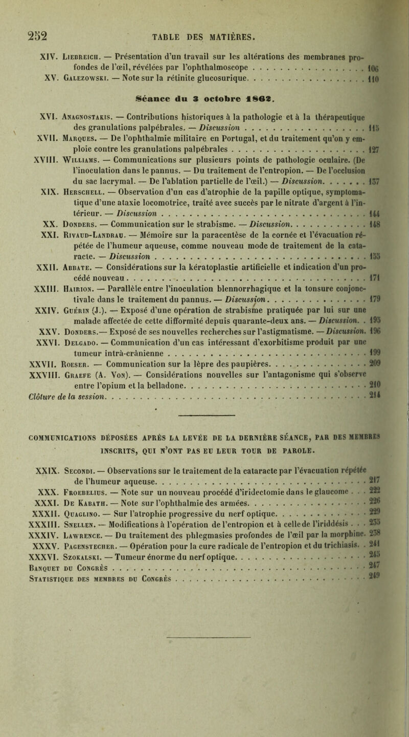 XIV. Liebreich. — Présentation d’un travail sur les altérations des membranes pro- fondes de l’œil, révélées par l’ophthalmoscope 106 XV. Galezowski. — Note sur la rétinite glucosurique HO ^Séance du 3 octobre 1S03. XVI. Anagnostakis. — Contributions historiques à la pathologie et à la thérapeutique des granulations palpébrales. — Discussion 115 XVII. Marques. — De l’ophthalmie militaire en Portugal, et du traitement qu’on y em- ploie contre les granulations palpébrales 127 XVIII. Williams. — Communications sur plusieurs points de pathologie oculaire. (De l’inoculation dans le pannus. — Du traitement de l’entropion. — De l’occlusion du sac lacrymal. — De l’ablation partielle de l’œil.) — Discussion 157 XIX. Herschell. — Observation d’un cas d’atrophie de la papille optique, symptoma- tique d’une ataxie locomotrice, traité avec succès par le nitrate d’argent à l’in- térieur. — Discussion 144 XX. Donders. — Communication sur le strabisme. — Discussion 148 XXI. Rivaud-Landraü. — Mémoire sur la paracentèse de la cornée et l’évacuation ré- pétée de l’humeur aqueuse, comme nouveau mode de traitement de la cata- racte. — Discussion 155 XXII. Abbate. — Considérations sur la kératoplastie artificielle et indication d’un pro- cédé nouveau 171 XXIII. Hairion. — Parallèle entre l’inoculation blennorrhagique et la tonsure conjonc- tivale dans le traitement du pannus. — Discussion 179 XXIV. Guérin (J.). — Exposé d’une opération de strabisme pratiquée par lui sur une malade affectée de cette difformité depuis quarante-deux ans. — Discussion. . 195 XXV. Donders.— Exposé de ses nouvelles recherches sur l’astigmatisme. — Discussion. 196 XXVI. Delgado. — Communication d’un cas intéressant d’exorbitisme produit par une tumeur intra-crânienne 199 XXVII. Roeser. — Communication sur la lèpre des paupières 209 XXVIII. Graefe (A. Von). — Considérations nouvelles sur l’antagonisme qui s’observe entre l’opium et la belladone 210 Clôture de la session 214 COMMUNICATIONS DÉPOSÉES APRÈS LA LEVÉE DE LA DERNIÈRE SÉANCE, PAR DES MEMBRES INSCRITS, QUI n’ont PAS EU LEUR TOUR DE PAROLE. XXIX. Secondi. — Observations sur le traitement de la cataracte par l’évacuation répétée de l’humeur aqueuse 217 XXX. Froebelius. — Note sur un nouveau procédé d’iridectomie dans le glaucome . . . 222 XXXI. De Kabath. —Note sur l’ophthalmie des armées 226 XXXII. Quaglino. — Sur l’atrophie progressive du nerf optique 229 XXXIII. Snellen. — Modifications à l’opération del’entropion et à cellede l’iriddésis ... 255 XXXIV. Lawrence. — Du traitement des phlegmasies profondes de l’œil par la morphine. 2.38 XXXV. Pagenstecher. — Opération pour la cure radicale de l’entropion et du trichiasis. . 241 XXXVI. SzoKALSKi. — Tumeur énorme du nerf optique Banquet du Congrès Statistique des membres du Congrès