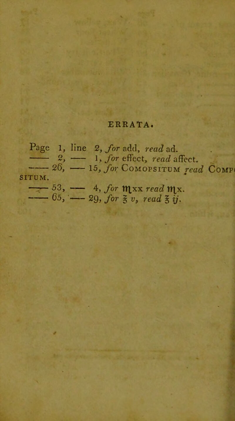 ERRATA. Page 1, line 2, for add, read ad. 2, 1, for effect, read affect. 26, 15, for Comopsitum read Compi situm. 53, 4, for ntxx read ttjx. 65, 29, for 5 v, read £ ij.