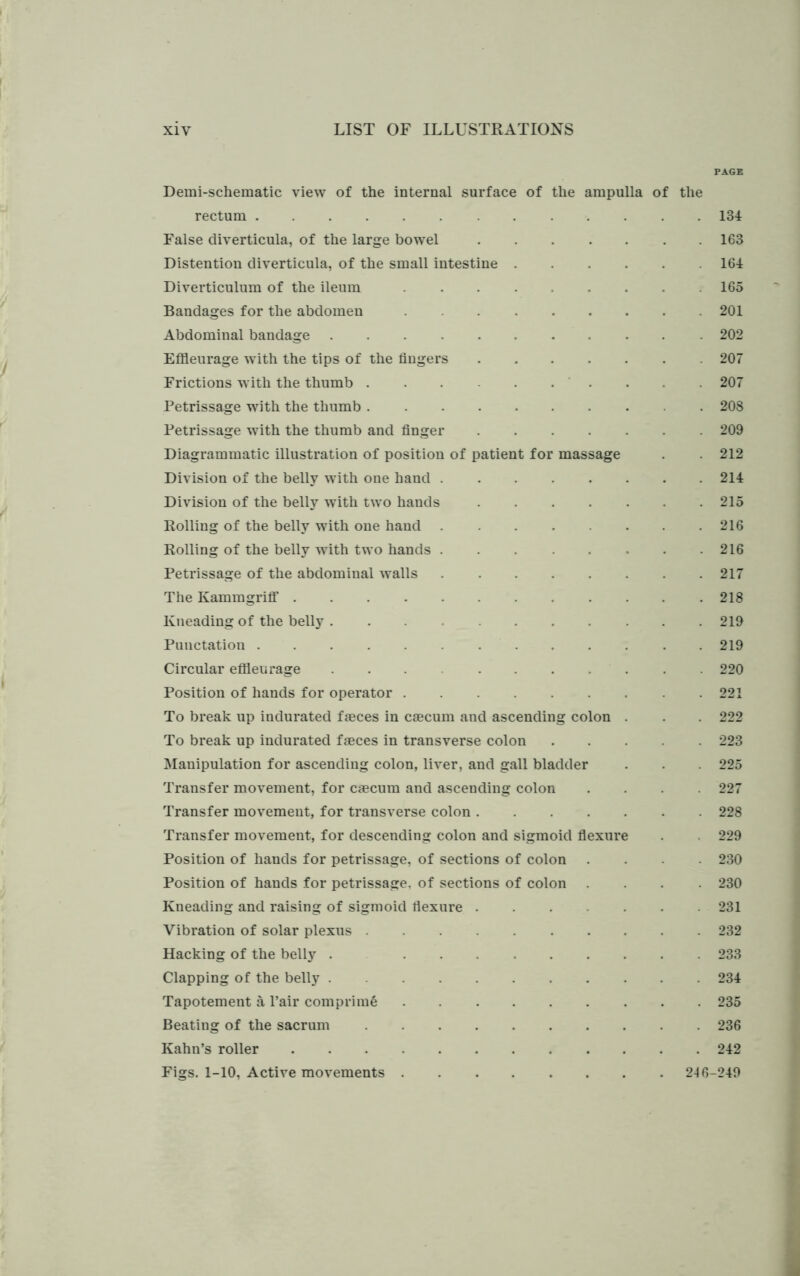 PAGE Demi-schematic view of the internal surface of the ampulla of the rectum 134 False diverticula, of the large bowel 163 Distention diverticula, of the small intestine 164 Diverticulum of the ileum ......... 165 Bandages for the abdomen 201 Abdominal bandage 202 Effleurage with the tips of the Angers 207 Frictions with the thumb 207 Petrissage with the thumb 208 Petrissage with the thumb and finger 209 Diagrammatic illustration of position of patient for massage . 212 Division of the belly with one hand 214 Division of the belly with two hands ....... 215 Rolling of the belly with one hand 216 Rolling of the belly with two hands 216 Petrissage of the abdominal walls 217 The Kammgriff 218 Kneading of the belly . . 219 Puuctation ............. 219 Circular effleurage ... 220 Position of hands for operator 221 To break up indurated faeces in caecum and ascending colon . . . 222 To break up indurated faeces in transverse colon 223 Manipulation for ascending colon, liver, and gall bladder . . . 225 Transfer movement, for caecum and ascending colon .... 227 Transfer movement, for transverse colon 228 Transfer movement, for descending colon and sigmoid flexure . . 229 Position of hands for petrissage, of sections of colon .... 230 Position of hands for petrissage, of sections of colon .... 230 Kneading and raising of sigmoid flexure ....... 231 Vibration of solar plexus 232 Hacking of the belly . 233 Clapping of the belly 234 Tapotement a l’air comprime 235 Beating of the sacrum 236 Kahn’s roller 242 Figs. 1-10, Active movements 246-249