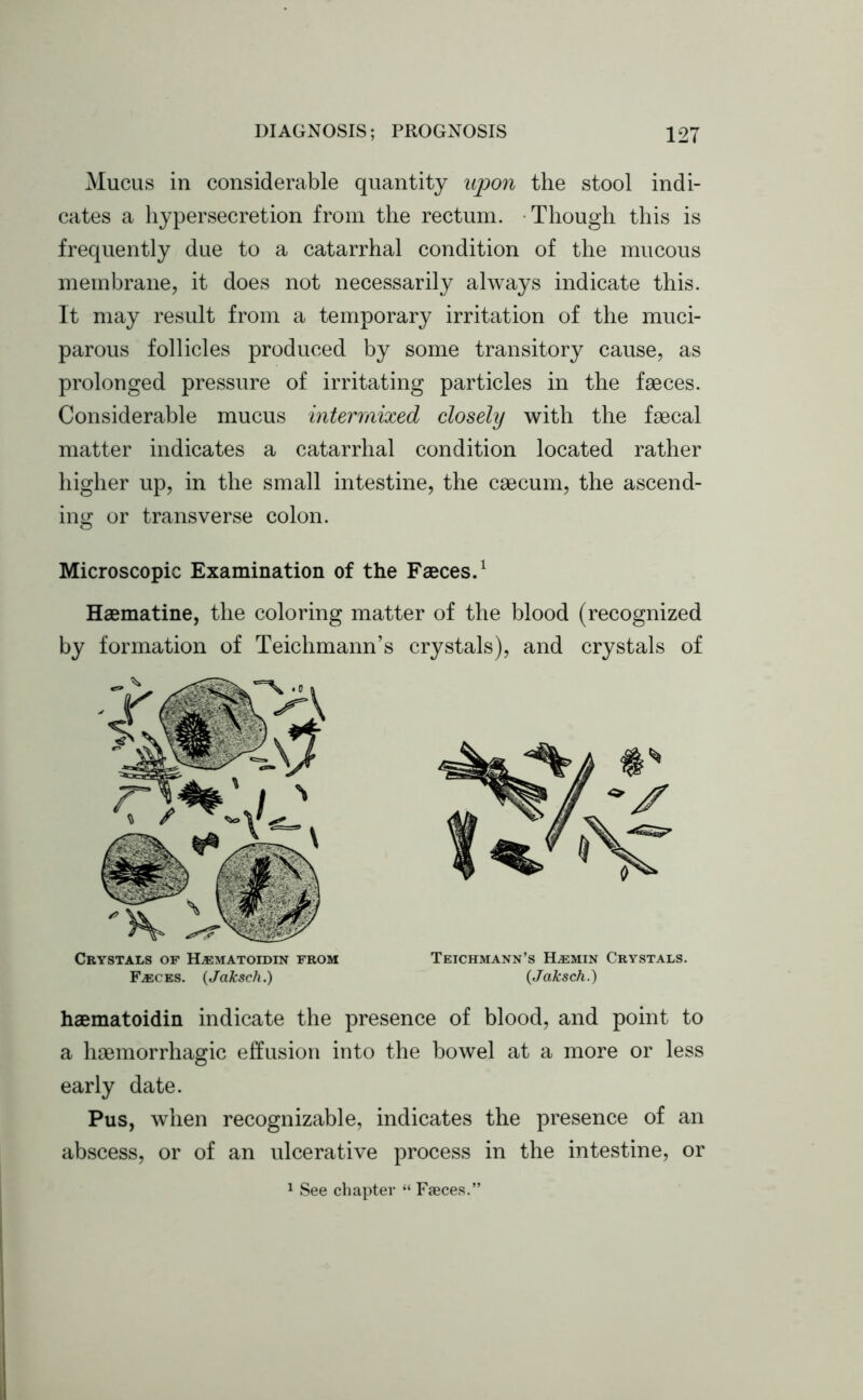 Mucus in considerable quantity upon the stool indi- cates a hypersecretion from the rectum. Though this is frequently due to a catarrhal condition of the mucous membrane, it does not necessarily always indicate this. It may result from a temporary irritation of the muci- parous follicles produced by some transitory cause, as prolonged pressure of irritating particles in the faeces. Considerable mucus intermixed closely with the faecal matter indicates a catarrhal condition located rather higher up, in the small intestine, the caecum, the ascend- ing or transverse colon. Microscopic Examination of the Faeces.1 Haematine, the coloring matter of the blood (recognized by formation of Teichmann’s crystals), and crystals of haematoidin indicate the presence of blood, and point to a haemorrhagic effusion into the bowel at a more or less early date. Pus, when recognizable, indicates the presence of an abscess, or of an ulcerative process in the intestine, or Crystals of Haematoidin from Faeces. (Jaksch.) Teichmann’s Hemin Crystals. (Jaksch.) 1 See chapter “ Faeces.