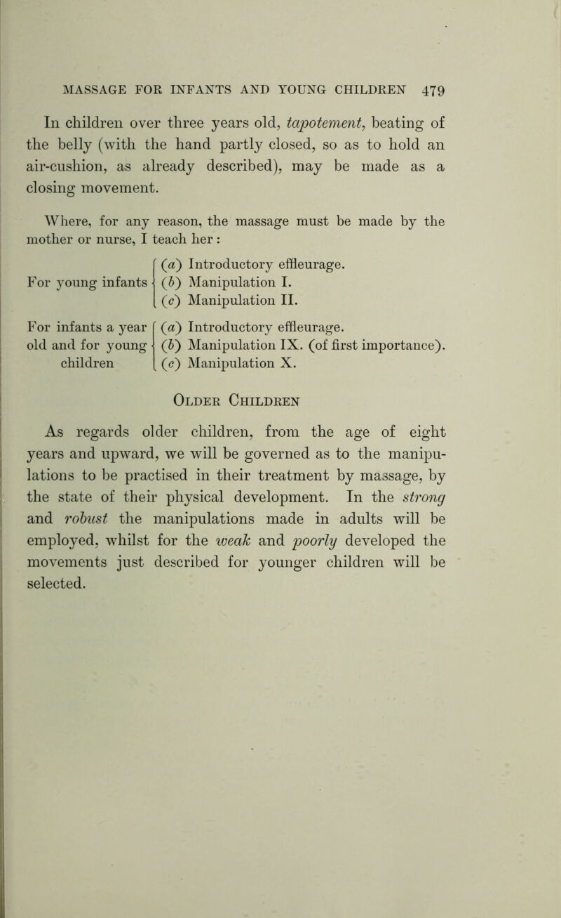 In children over three years old, tapotement, beating of the belly (with the hand partly closed, so as to hold an air-cushion, as already described), may be made as a closing movement. Where, for any reason, the massage must be made by the mother or nurse, I teach her: For young infants (a) Introductory effleurage. (5) Manipulation I. (<?) Manipulation II. For infants a year old and for young children (a) Introductory effleurage. (b) Manipulation IX. (of first importance), (e) Manipulation X. Older Children As regards older children, from the age of eight years and upward, we will be governed as to the manipu- lations to be practised in their treatment by massage, by the state of their physical development. In the strong and robust the manipulations made in adults will be employed, whilst for the iveak and poorly developed the movements just described for younger children will be selected.