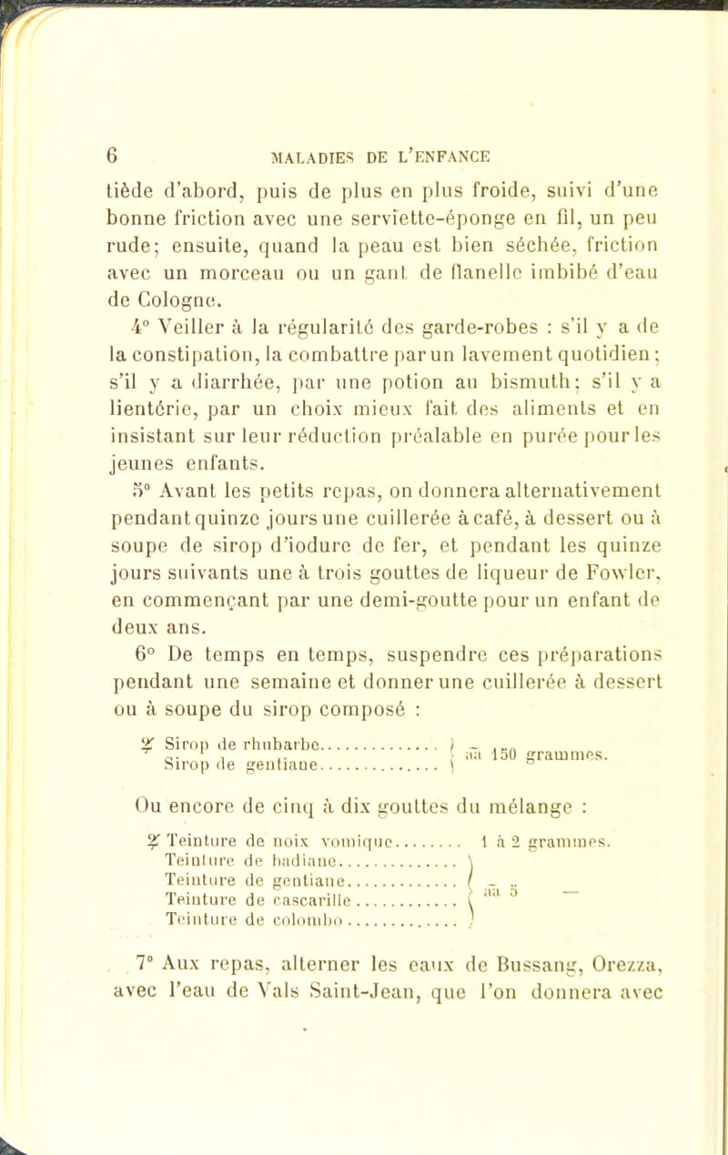 tiède d’abord, puis de plus en plus froide, suivi d’une bonne friction avec une serviette-éponge en fil, un peu rude; ensuite, quand la peau est bien séchée, friction avec un morceau ou un gant de flanelle imbibé d’eau de Cologne. 4° Veiller à la régularité des garde-robes : s’il y a de la constipation, la combattre par un lavement quotidien ; s’il y a diarrhée, par une potion au bismuth; s’il y a lientérie, par un choix mieux fait des aliments et en insistant sur leur réduction préalable en purée pour les jeunes enfants. 5° Avant les petits repas, on donnera alternativement pendant quinze jours une cuillerée à café, à dessert ou à soupe de sirop d’iodure de fer, et pendant les quinze jours suivants une à trois gouttes de liqueur de Fowler. en commençant par une demi-goutte pour un enfant de deux ans. 6° De temps en temps, suspendre ces préparations pendant une semaine et donner une cuillerée à dessert ou à soupe du sirop composé : % Sirop de rhubarbe Sirop de gentiane ;ÎTi ISO grammes. Ou encore de cinq à dix gouttes du mélange : % Teinture de noix vomique Teinture de badiane Teinture de gentiane Teinture de c.ascarille Teinture de Colombo 7° Aux repas, alterner les eaux de Bussang, Orezza, avec l’eau de Vais Saint-Jean, que l’on donnera avec 1 à 2 grammes. aa o —