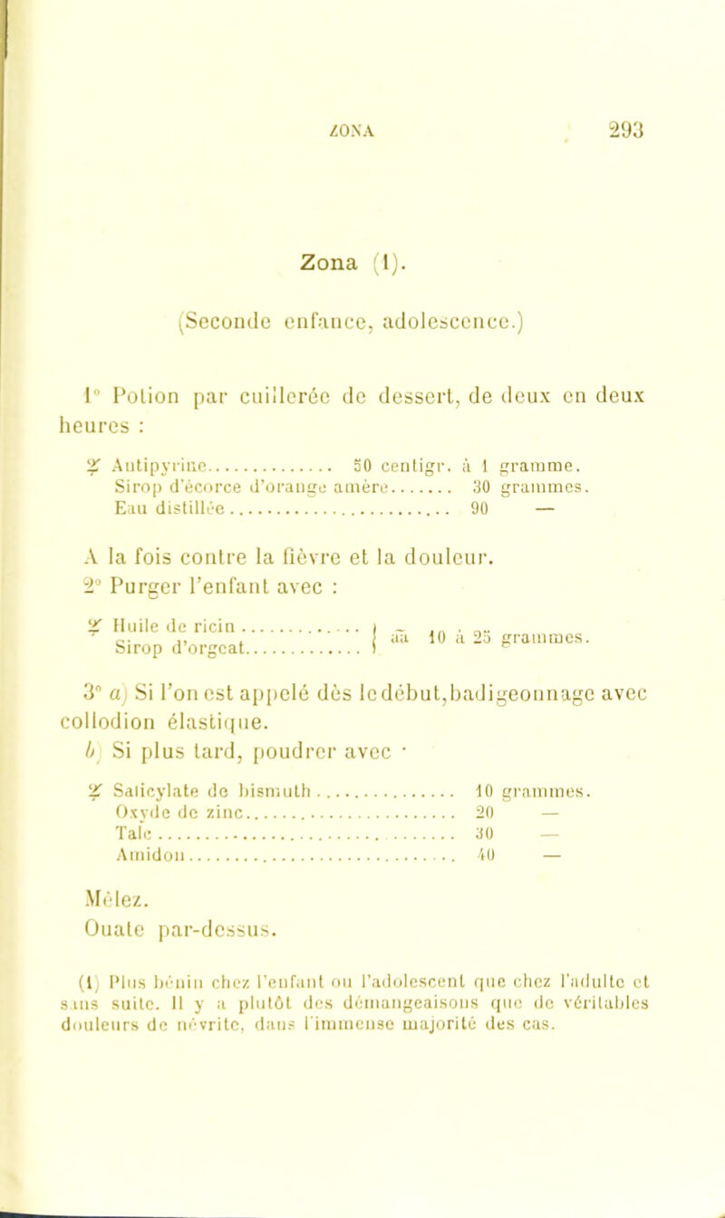 Zona (1). (Seconde enfance, adolescence.) I Potion par cuillerée de dessert, de deux en deux heures : % Antipyrine 50 centigr. à 1 gramme. Sirop d’écorce d’orange amère 30 grammes. Eau distillée 90 — A la fois contre la fièvre et la douleur. 2° Purger l’enfant avec : 2T Huile de ricin . Sirop d’orgeat au 10 à 23 grammes. 3° a) Si l’on est appelé dès le début,badigeonnage avec collodion élastique. I) Si plus tard, poudrer avec • 2T Salicylate de bismuth 10 grammes. Oxyde de zinc 20 Talc 30 Amidon 40 — Mêlez. Ouate par-dessus. (1) Plus bénin chez l’enfant ou l’adolescent que chez l’adulte et sans suite. Il y a plutôt des démangeaisons que de véritables douleurs de névrite, dans l'immense majorité des cas.