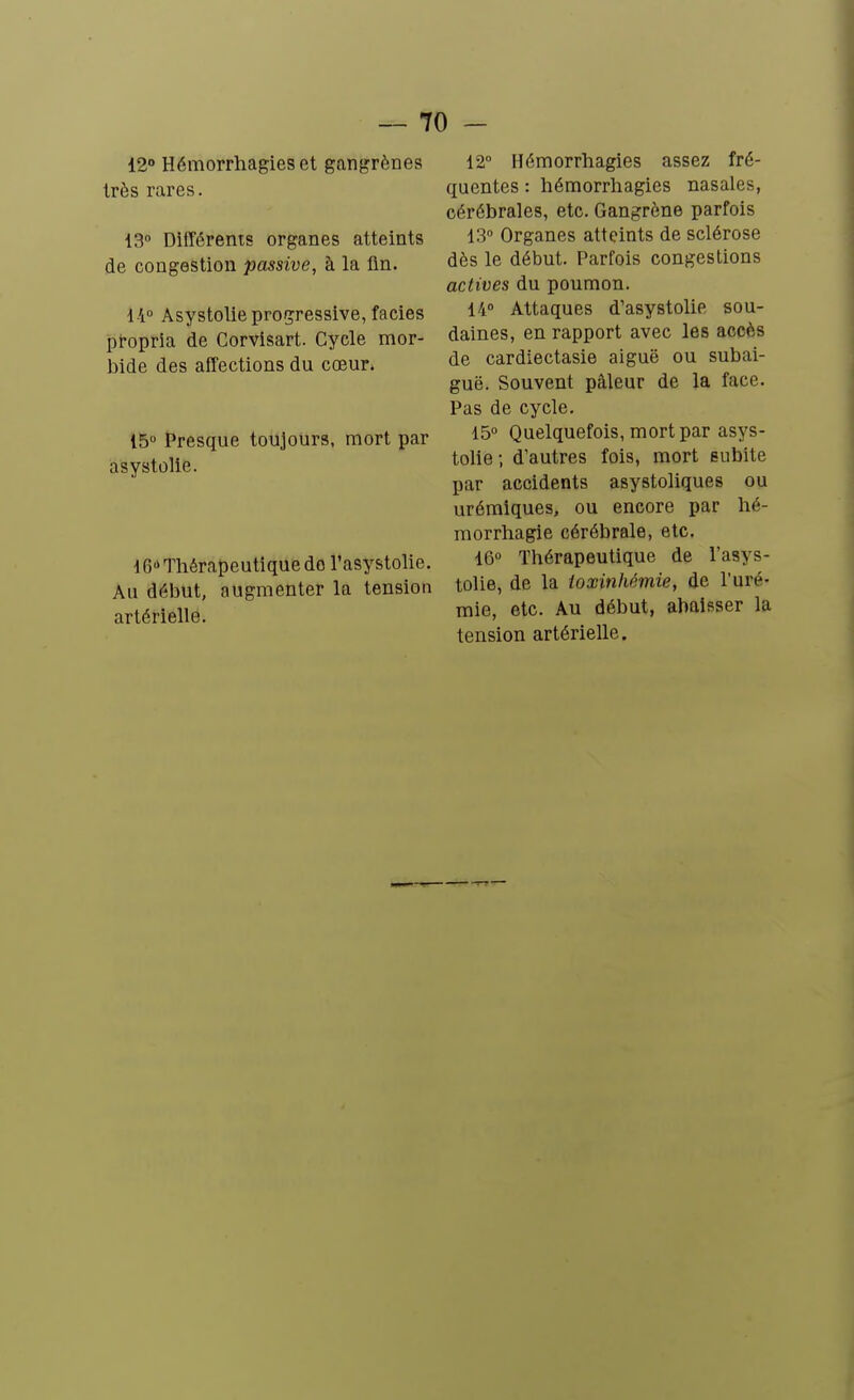 12» Hémorrhagieset gangrènes très rares. 13° Différents organes atteints de congestion passive, à la fin. 14° Asystolie progressive, faciès propria de Corvisart. Cycle mor- bide des affections du coeur. 15° I*resque toujours, mort par asystolie. 1 G»» Tliérapeutique do l'asystolie. Au délîut, augmenter la tension artérielle. 12° Hémorrhagies assez fré- quentes : hémorrhagies nasales, cérébrales, etc. Gangrène parfois 13° Organes atteints de sclérose dès le début. Parfois congestions actives du poumon, 14° Attaques d'asystolie sou- daines, en rapport avec les accès de cardiectasie aiguë ou subai- guë. Souvent pâleur de la face. Pas de cycle. 15° Quelquefois, mort par asys- tolie ; d'autres fois, mort subite par accidents asystoliques ou urémiques, ou encore par hé- morrhagie cérébrale, etc. 16° Thérapeutique de l'asys- tolie, de la toxinhémie, de l'uré- mie, etc. Au début, abaisser la tension artérielle.