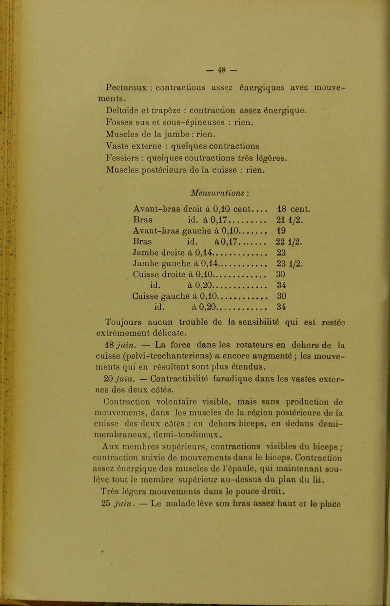 Pectoraux : contractions assez énergiques avec mouve- ments. Deltoïde et trapèze : contraction assez énergique. Fosses sus et sous-épineuses : rien. Muscles de la jambe : rien. Vaste externe : quelques contractions Fessiers : quelques coutractions très légères. Muscles postérieurs de la cuisse : rien. Mensurations : Avant-bras droit à 0,10 cent.... 18 cent. Bras id. à 0,17 21 1/2. Avant-bras gauche à 0,10 19 Bras id. à 0,17 22 1/2. Jambe droite à 0,14 23 Jambe gauche à 0,14 23 1/2. Cuisse droite à 0,10 30 id. à 0,20 34 Cuisse gauche à 0,10 30 id. à 0,20 34 Toujours aucun trouble de la sensibilité qui est restée extrêmement délicate. iS juin. — La force dans les rotateurs en dehors de la cuisse (pelvi-trochanteriens) a encore augmenté ; les mouve- ments qui en résultent sont plus étendus. 20 juin. — Contractibilité faradique dans les vastes exter- nes des deux côtés. Contraction volontaire visible, mais sans production de mouvements, dans les muscles de la région postérieure de la cuisse des deux côtés : en dehors biceps, en dedans demi- membraneux, demi-tendineux. Aux membres supérieurs, contractions visibles du biceps; contraction suivie de mouvements dans le biceps. Contraction assez énergique des muscles de l'épaule, qui maintenant sou- lève tout le membre supérieur au-dessus du plan du lit. Très légers mouvements dans le pouce droit. 25 jiiin. — Le malade lève son bras assez haut et le place