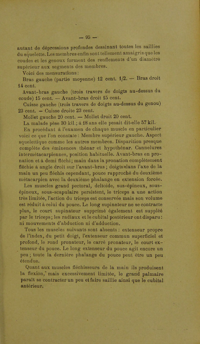 autant de dépressions profondes dessinant toutes les saillies du squelette. Les membres enfin sont tellement amaigris que les coudes et les genoux forment des renflements d'un diamètre supérieur aux segments des membres. Voici des mensurations: Bras gauche (partie moyenne) 12 cent. 1/2. — Bras droit 14 cent. Avant-bras gauche (trois travers de doigts au-dessus du coude) 15 cent. — Avant-bras droit 15 cent. Cuisse gauche (trois travers de doigts au-dessus du genou) 23 cent. — Cuisse droite 23 cent. Mollet gauche 20 cent. — Mollet droit 20 cent. La malade pèse 30 kil.; à 18 ans elle pesait dit-elle 57 kil. En procédant à l'examen de chaque muscle en particulier voici ce que l'on constate : Membre supérieur gauche. Aspect squeleitique comme les autres membres. Disparition presque complète des éminenees thénar et hypothénar. Cannelures intermétacarpiennes, position habituelle. Avant-bras en pro- nation et à demi fléchi ; main dans la pronation complètement fléchie à angle droit sur l'avant-bras ; doigtsdans l'axe de la main un peu fléchis cependant, pouce rapproché du deuxième métacarpien avec la deuxième phalange en extension forcée. Les muscles grand pectoral, deltoide, sus-épineux, sous- épineux, sous-scapulaire persistent, le triceps a une action très limitée, l'action du triceps est conservée mais son volume est réduit à celui du pouce. Le long supinateurne se contracte plus, le court supinateur supprimé également est suppléé par le triceps; les radiaux et le cubital postérieur ont disparu: ni mouvements d'abduction ni d'adduction. Tous les muscles suivants sont absents : extenseur propre de l'index, du petit doigt, l'extenseur commun superficiel et profond, le rond pronateur, le carré pronateur, le court ex- tenseur du pouce. Le long extenseur du pouce agit encore un peu ; toute la dernière phalange du pouce peut être un peu étendue. Quant aux muscles fléchisseurs de la main ils produisent la flexion, mais excessivement limitée, le grand palmaire paraît se contracter un peu et faire saillie ainsi que le cubital antérieur.