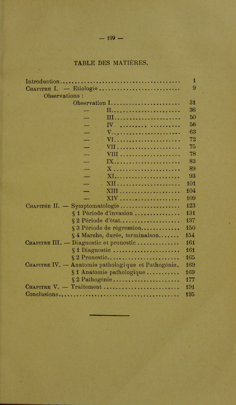 TABLE DES MATIÈRES. Introduction 1 Chapitre I. — Etiologie 9 Observations : Observation 1 31 — II 36 — m 50 — IV- 56 _ V.. 63 — VI. 72 — VII 75 — VIII 78 — IX 83 — X 89 — XI 93 — XII 101 — XIII 104 — XIV 109 Chapitre II. — Symptomatologie 123 § 1 Période d'invasion 131 § 2 Période d'état 137 § 3 Période de régression 150 § 4 Marche, durée, terminaison 154 Chapitre III. — Diagnostic et pronostic 161 § 1 Diagnostic 161 § 2 Pronostic 165 Chapitre IV. — Anatomie pathologique et Pathogénie. 169 § 1 Anatomie pathologique 169 § 2 Pathogénie 177 Chapitre V. — Traitement 191 Conclusions 195