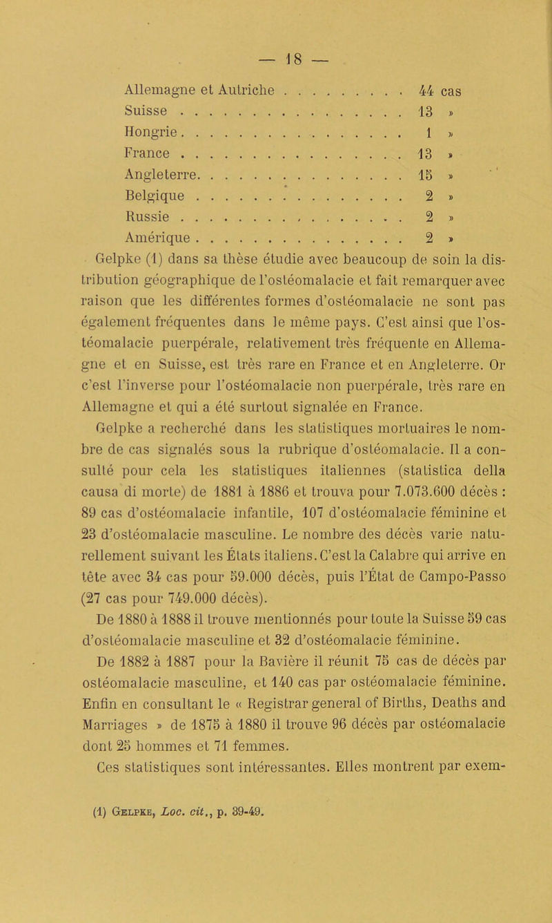 Allemagne el Autriche 44 cas Suisse 13 » Hongrie 1 » France 13 » Angleterre 15 » Belgique 2 » Russie 2 » Amérique 2 * Gelpke (1) dans sa thèse étudie avec beaucoup de soin la dis- tribution géographique de l’ostéomalacie et fait remarquer avec raison que les différentes formes d’ostéomalacie ne sont pas également fréquentes dans le même pays. C’est ainsi que l’os- téomalacie puerpérale, relativement très fréquenLe en Allema- gne et en Suisse, est très rare en France et en Angleterre. Or c’est l’inverse pour l’ostéomalacie non puerpérale, très rare en Allemagne et qui a été surtout signalée en France. Gelpke a recherché dans les statistiques mortuaires le nom- bre de cas signalés sous la rubrique d’ostéomalacie. Il a con- sulté pour cela les statistiques italiennes (statistica délia causa di morte) de 1881 à 1886 et trouva pour 7.073.600 décès : 89 cas d’ostéomalacie infantile, 107 d’ostéomalacie féminine et 23 d’ostéomalacie masculine. Le nombre des décès varie natu- rellement suivant les États italiens. C’est la Calabre qui arrive en tête avec 34 cas pour 59.000 décès, puis l’État de Campo-Passo (27 cas pour 749.000 décès). De 1880 à 1888 il trouve mentionnés pour toute la Suisse 59 cas d’ostéomalacie masculine et 32 d’ostéomalacie féminine. De 1882 à 1887 pour la Bavière il réunit 75 cas de décès par ostéomalacie masculine, et 140 cas par ostéomalacie féminine. Enfin en consultant le « Registrar general of Birtlis, Dealhs and Marriages » de 1875 à 1880 il trouve 96 décès par ostéomalacie dont 25 hommes et 71 femmes. Ces statistiques sont intéressantes. Elles montrent par exem- (1) Gelpke, Loc. cit,, p. 39-49.