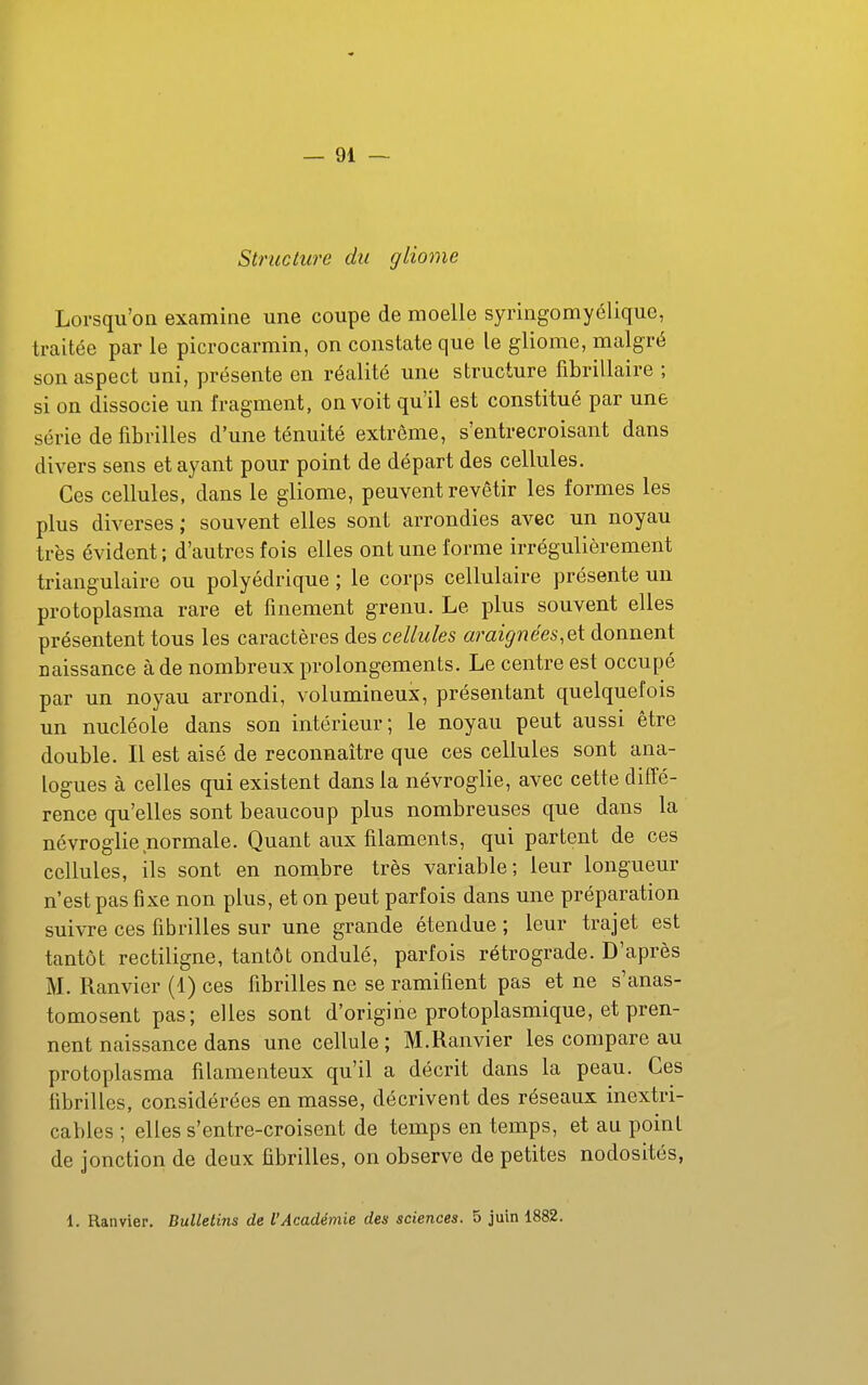 Structure du gliome Lorsqu'on examine une coupe de moelle syringomyélique, traitée par le picrocarmin, on constate que le gliome, malgré son aspect uni, présente en réalité une structure fibrillaire ; si on dissocie un fragment, on voit qu'il est constitué par une série de fibrilles d'une ténuité extrême, s'entrecroisant dans divers sens et ayant pour point de départ des cellules. Ces cellules, dans le gliome, peuvent revêtir les formes les plus diverses ; souvent elles sont arrondies avec un noyau très évident ; d'autres fois elles ont une forme irrégulièrement triangulaire ou polyédrique ; le corps cellulaire présente un protoplasma rare et finement grenu. Le plus souvent elles présentent tous les caractères des cellules araignées^ donnent naissance à de nombreux prolongements. Le centre est occupé par un noyau arrondi, volumineux, présentant quelquefois un nucléole dans son intérieur; le noyau peut aussi être double. Il est aisé de reconnaître que ces cellules sont ana- logues à celles qui existent dans la névroglie, avec cette diffé- rence qu'elles sont beaucoup plus nombreuses que dans la névroglie normale. Quant aux filaments, qui partent de ces cellules, ils sont en nombre très variable; leur longueur n'est pas fixe non plus, et on peut parfois dans une préparation suivre ces fibrilles sur une grande étendue ; leur trajet est tantôt rectiligne, tantôt ondulé, parfois rétrograde. D'après M. Ranvier (1) ces fibrilles ne se ramifient pas et ne s'anas- tomosent pas; elles sont d'origine protoplasmique, et pren- nent naissance dans une cellule; M.Ranvier les compare au protoplasma filamenteux qu'il a décrit dans la peau. Ces fibrilles, considérées en masse, décrivent des réseaux inextri- cables ; elles s'entre-croisent de temps en temps, et an point de jonction de deux fibrilles, on observe de petites nodosités, 1. Ranvier. Bulletins de l'Académie des sciences. 5 juin 1882.