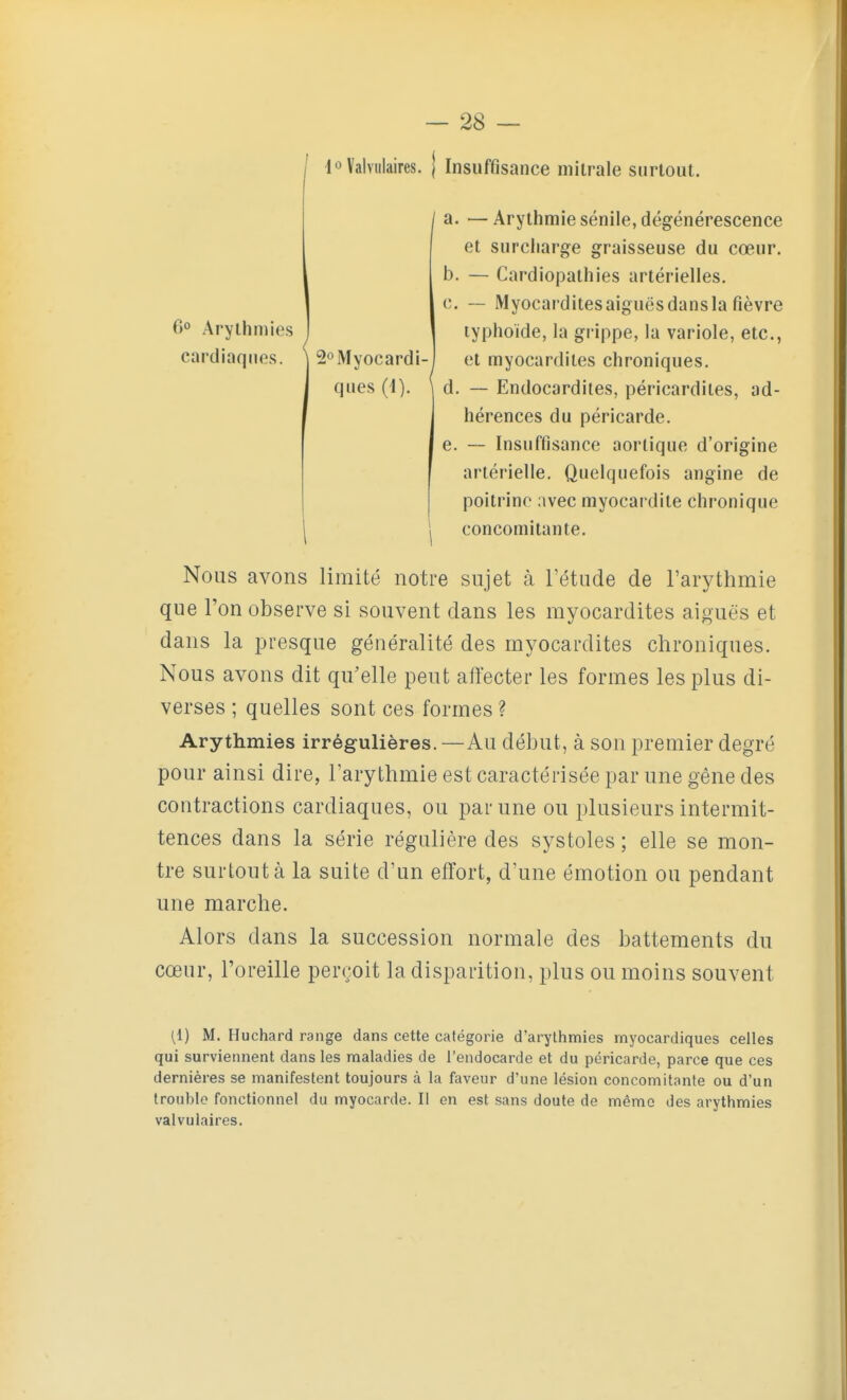 1 Valviilaires. j Insuffisance milrale surtout. 6° Arythmies cardiaques. ] SoMyocardi- ques (d). \ d a. — Arythmie sénile, dégénérescence et surcharge graisseuse du cœur. b. — Cardiopathies artérielles. c. — Myocardites aiguës dans la fièvre typhoïde, la grippe, la variole, etc., et myocardites chroniques. — Endocardites, péricardites, ad- hérences du péricarde. — Insuffisance aortique d'origine artérielle. Quelquefois angine de poitrine avec myocardite chronique concomitante. Nous avons limité notre sujet à l'étude de l'arythmie que l'on observe si souvent dans les myocardites aiguës et dans la presque généralité des myocardites chroniques. Nous avons dit qu'elle peut affecter les formes les plus di- verses ; quelles sont ces formes ? Arythmies irrégulières. —Au début, à son premier degré pour ainsi dire, l'arythmie est caractérisée par une gêne des contractions cardiaques, ou par une ou plusieurs intermit- tences dans la série régulière des systoles ; elle se mon- tre surtout à la suite d'un effort, d'une émotion ou pendant une marche. Alors dans la succession normale des battements du cœur, l'oreille perçoit la disparition, plus ou moins souvent (1) M. Huchard range dans cette catégorie d'arythmies myocardiques celles qui surviennent dans les maladies de l'endocarde et du péricarde, parce que ces dernières se manifestent toujours à la faveur d'une lésion concomitante ou d'un trouble fonctionnel du myocarde. Il en est sans doute de même des arythmies valvulaires.