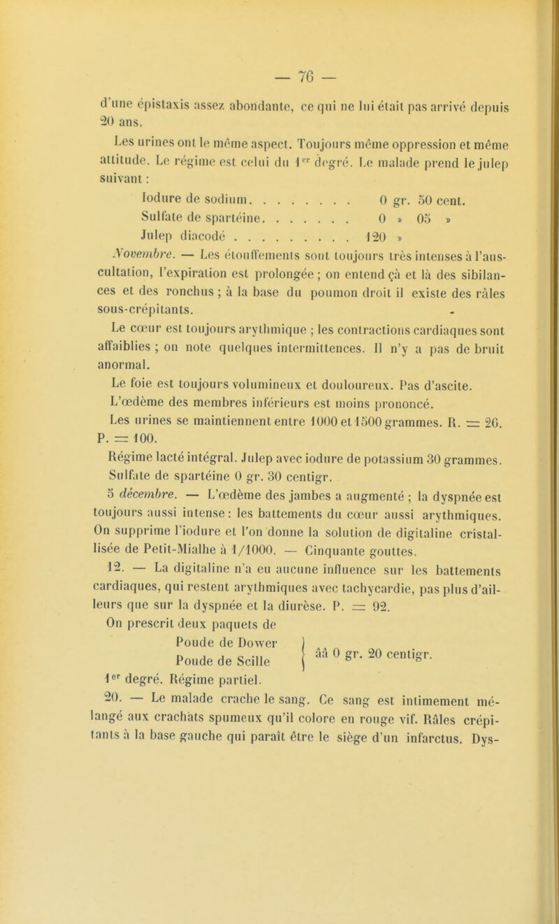 d'une épislaxis assez abondante, ce qui ne lui était pas arrivé depuis 20 ans. Les urines ont le même aspect. Toujours même oppression et même attitude. Le régime est celui du 1 degré. Le malade prend le julep suivant : lodure de sodium 0 gr. 50 cent. Sulfate de spartëine 0 » 05 » Julep dincodé 120 » .Yovembre. — Les éloufï'emenis sont toujours très intenses à l'aus- cultation, l'expiration est prolongée; on entend çà et là des sibilan- ces et des ronchus ; à la base du poumon droit il existe des râles sous-crépitanls. Le cœur est toujours arythmique ; les contractions cardiaques sont affaiblies ; on note quelques intermittences. Il n'y a pas de bruit anormal. Le foie est toujours volumineux et douloureux. Pas d'ascite. L'œdème des membres inférieurs est moins prononcé. Les urines se maintiennent entre 1000 et 4500 grammes. R. =: 20. P. = 100. Régime lacté intégral. Julep avec iodure de potassium 30 grammes. Sulfate de spartéine 0 gr. 30 centigr. 5 décembre. — L'œdème des jambes a augmenté ; la dyspnée est toujours aussi intense: les battements du cœur aussi arythmiques. On supprime l'iodure et l'on donne la solution de digitaline cristal- lisée de Petit-Mialhe à 1/1000. — Cinquante gouttes. 12. — La digitaline n'a eu aucune influence sur les battements cardiaques, qui restent arythmiques avec tachycardie, pas plus d'ail- leurs que sur la dyspnée et la diurèse. P. =: 92. On prescrit deux paquets de Poude de Dower ) n j j c -11 [ '^'^ ^ gr. 20 centigr. Poude de Scille j * ^ l^' degré. Régime partiel. 20. — Le malade crache le sang. Ce sang est intimement mé- langé aux crachats spumeux qu'il colore en rouge vif. Râles crépi- tants à la base gauche qui paraît être le siège d'un infarctus. Dys-