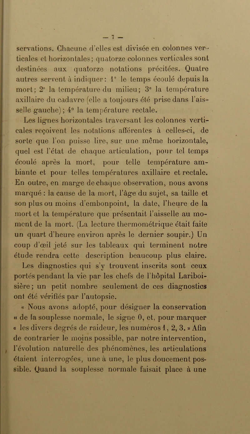 servations. Chacune d’elles est divisée en colonnes ver - ticales et horizontales; quatorze colonnes verticales sont destinées aux quatorze notations précitées. Quatre autres servent à indiquer: 1° le temps écoulé depuis la mort; 2° la température du milieu; 3° la température axillaire du cadavre (elle a toujours été prise dans Fais- selle gauche) ; 4° la température rectale. Les lignes horizontales traversant les colonnes verti- cales reçoivent les notations afférentes à celles-ci, de sorte que l'on puisse lire, sur une même horizontale, quel est Fétat de chaque articulation, pour tel temps écoulé après la mort, pour telle température am- biante et pour telles températures axillaire et rectale. En outre, en marge de chaque observation, nous avons marqué : la cause de la mort, l’âge du sujet, sa taille et son plus ou moins d’embonpoint, la date, l’heure de la mort et la température que présentait Faisselle au mo- ment de la mort. (La lecture thermométrique était faite un quart d’heure environ après le dernier soupir.) Un coup d’œil jeté sur les tableaux qui terminent notre étude rendra cette description beaucoup plus claire. Les diagnostics qui s’y trouvent inscrits sont ceux portés pendant la vie par les chefs de l’hôpital Lariboi- sière ; un petit nombre seulement de ces diagnostics ont été vérifiés par l’autopsie. « Nous avons adopté, pour désigner la conservation « de la souplesse normale, le signe 0, et, pour marquer « les divers degrés de raideur, les numéros 1, 2, 3. » Afin de contrarier le moins possible, par notre intervention, l’évolution naturelle des phénomènes, les articulations étaient interrogées, une à une, le plus doucement pos- sible. Quand la souplesse normale faisait place à une