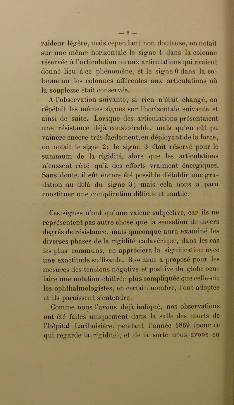 raideur légère, mais cependant non douteuse, on notait sur une meme horizontale le signe 1 dans la colonne réservée à l’articulation ou aux articulations qui avaient donné lieu à ce phénomène, et le signe 0 dans la co- lonne ou les colonnes afférentes aux articulations où la souplesse était conservée. A l’observation suivante, si rien n’était changé, on répétait les mêmes signes sur l’horizontale suivante et ainsi de suite. Lorsque des articulations présentaient une résistance déjà considérable, mais qu’on eût pu vaincre encore très-facilement, en déployant de la force, on notait le signe 2; le signe 3 était réservé pour le summum de la rigidité, alors que les articulations n’eussent cédé qu’à des efforts vraiment énergiques. Sans doute, il eût encore été possible d’établir une gra- dation au delà du signe 3; mais cela nous a paru constituer une complication difficile et inutile. Ces signes n’ont qu’une valeur subjective, car ils ne représentent pas autre chose que la sensation de divers degrés de résistance, mais quiconque aura examiné les diverses phases de la rigidité cadavérique, dans les cas les plus communs, en appréciera la signification avec une exactitude suffisante. Bowman a proposé pour les mesures des tensions négative et positive du globe ocu- laire une notation chiffrée plus compliquée que celle-ci ; les ophthalmologistes, en certain nombre, l’ont adoptée et ils paraissent s’entendre. Gomme nous l’avons déjà indiqué, nos observations ont été faites uniquement dans la salle des morts de l’hôpital Lariboisière, pendant l’année 1869 (pour ce qui regarde la rigidité), et de la sorte nous avons eu