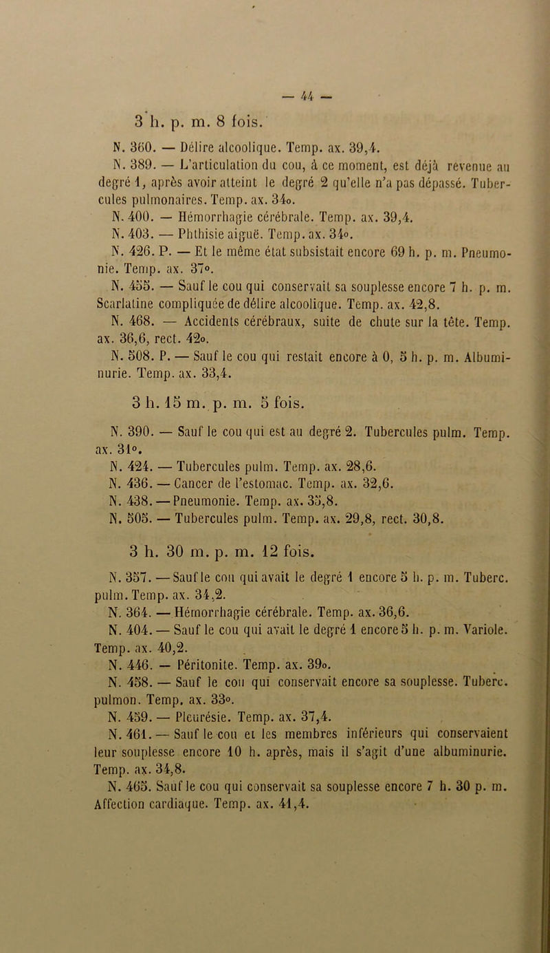 3 h. p. m. 8 fois. N. 360. — Délire alcoolique. Temp. ax. 39,4. N. 389. — L’articulation du cou, à ce moment, est déjà revenue au degré 1, après avoir atteint le degré 2 qu’elle n’a pas dépassé. Tuber- cules pulmonaires. Temp. ax. 34o. N. 400. — Hémorrhagie cérébrale. Temp. ax. 39,4. N. 403. — Phthisie aiguë. Temp. ax. 34». PL 426. P. — Et le même état subsistait encore 69 h. p. m. Pneumo- nie. Temp. ax. 37®. PL 455. — Sauf le cou qui conservait sa souplesse encore 7 h. p. m. Scarlatine compliquée de délire alcoolique. Temp. ax. 42,8. PL 468. — Accidents cérébraux, suite de chute sur la tête. Temp. ax. 36,6, rect. 42o. PL 508. P. — Sauf le cou qui restait encore à 0, 5 h. p. m. Albumi- nurie. Temp. ax. 33,4. 3 h. 15 m. p. m. 5 fois. N. 390. — Sauf le cou qui est au degré 2. Tubercules pulm. Temp. ax. 31°. PL 424. — Tubercules pulm. Temp. ax. 28,6. PL 436. — Cancer de l’estomac. Temp. ax. 32,6. N. 438. — Pneumonie. Temp. ax. 35,8. PL 505. — Tubercules pulm. Temp. ax. 29,8, rect. 30,8. 3 h. 30 m. p. m. 12 fois. PL 357. —Sauf le cou qui avait le degré 1 encore 5 h. p. m. Tuberc. pulm. Temp. ax. 34,2. PL 364. — Hémorrhagie cérébrale. Temp. ax. 36,6. N. 404. — Sauf le cou qui avait le degré 1 encore5 h. p. m. Variole. Temp. ax. 40,2. N. 446. — Péritonite. Temp. ax. 39o. N. 458. — Sauf le cou qui conservait encore sa souplesse. Tuberc. pulmon. Temp. ax. 33°. N. 459. — Pleurésie. Temp. ax. 37,4. N. 461. — Sauf le cou et les membres inférieurs qui conservaient leur souplesse encore 10 h. après, mais il s’agit d’une albuminurie. Temp. ax. 34,8. N. 465. Sauf le cou qui conservait sa souplesse encore 7 h. 30 p. m. Affection cardiaque. Temp. ax. 41,4.