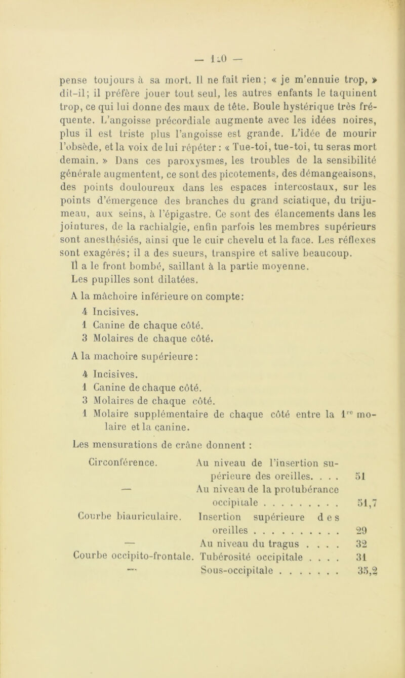 1.0 — pense toujours à sa mort. Il ne fait rien; « je m’ennuie trop, » dit-il; il préfère jouer tout seul, les autres enfants le taquinent trop, ce qui lui donne des maux de tête. Boule hystérique très fré- quente. L’angoisse précordiale augmente avec les idées noires, plus il est triste plus l’angoisse est grande. L’idée de mourir l’obsède, et la voix de lui répéter : « Tue-toi, tue-toi, tu seras mort demain. » Dans ces paroxysmes, les troubles de la sensibilité générale augmentent, ce sont des picotements, des démangeaisons, des points douloureux dans les espaces intercostaux, sur les points d’émergence des branches du grand sciatique, du triju- meau, aux seins, à l’épigastre. Ce sont des élancements dans les jointures, de la rachialgie, enfin parfois les membres supérieurs sont anesthésiés, ainsi que le cuir chevelu et la face. Les réflexes sont exagérés; il a des sueurs, transpire et salive beaucoup. il a le front bombé, saillant à la partie moyenne. Les pupilles sont dilatées. A la mâchoire inférieure on compte; 4 Incisives. 1 Canine de chaque côté. 3 Molaires de chaque côté. A la mâchoire supérieure : 4 Incisives. 1 Canine de chaque côté. 3 Molaires de chaque côté. 1 Molaire supplémentaire de chaque côté entre la 1'® mo- laire et la canine. Les mensurations de crâne donnent : Circonférence. Au niveau de l’insertion su- périeure des oreilles. ... 51 — Au niveau de la protubérance occipitale 51,7 Courbe biauriculaire. Insertion supérieure des oreilles 29 — Au niveau du tragus .... 32 Courbe occipito-frontale. Tubérosité occipitale .... 31 Sous-occipitale 35,2