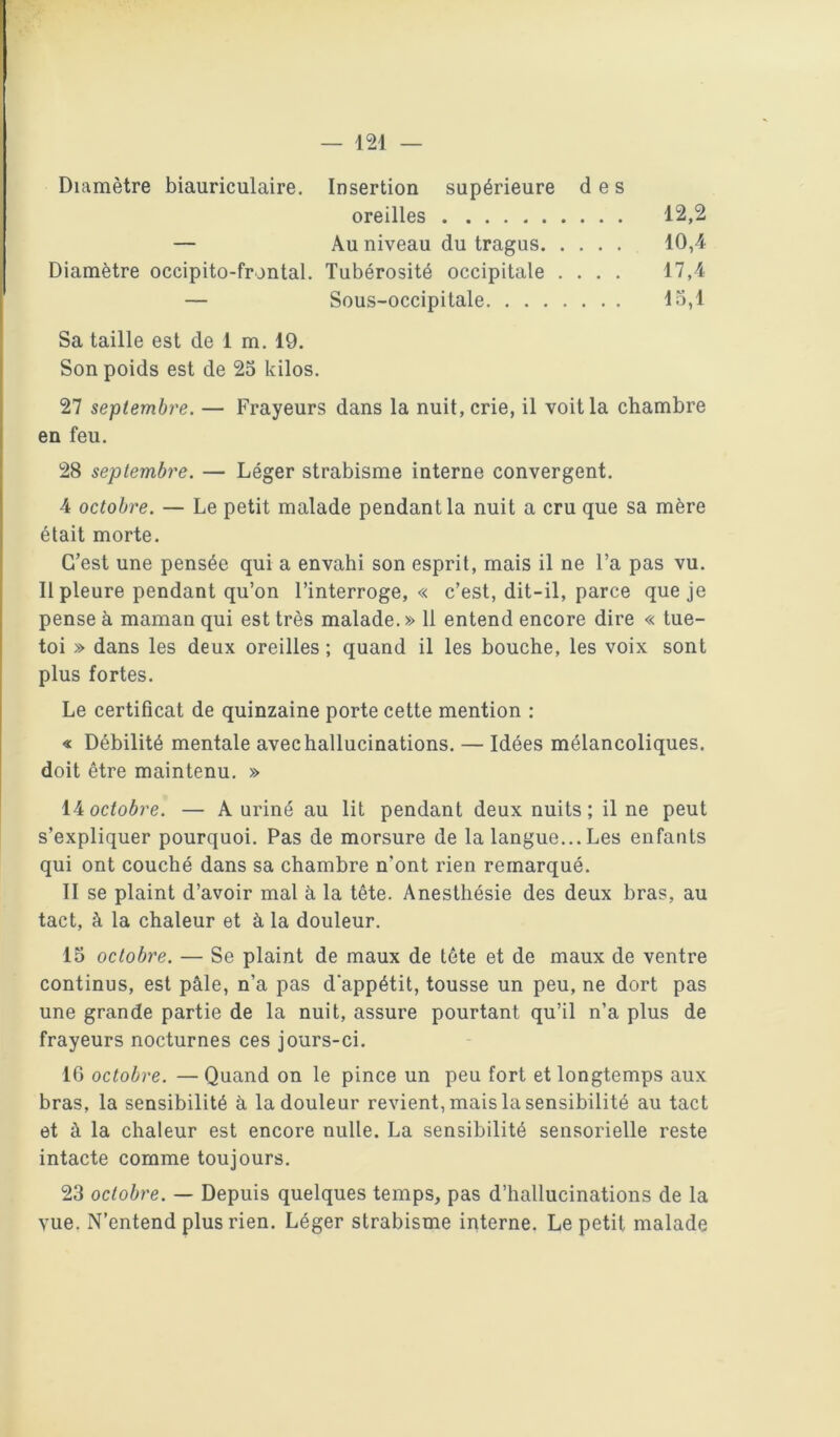 — m Diamètre biauriculaire. Insertion supérieure des oreilles 12,2 — Au niveau du tragus 10,4 Diamètre occipito-frontal. Tubérosité occipitale .... 17,4 — Sous-occipitale 15,1 Sa taille est de 1 m. 19. Son poids est de 25 kilos. 27 septembre. — Frayeurs dans la nuit, crie, il voit la chambre en feu. 28 septembre. — Léger strabisme interne convergent. 4 octobre. — Le petit malade pendant la nuit a cru que sa mère était morte. C’est une pensée qui a envahi son esprit, mais il ne l’a pas vu. Il pleure pendant qu’on l’interroge, « c’est, dit-il, parce que je pense à maman qui est très malade. » 11 entend encore dire « tue- toi » dans les deux oreilles ; quand il les bouche, les voix sont plus fortes. Le certificat de quinzaine porte cette mention ; « Débilité mentale avec hallucinations. — Idées mélancoliques, doit être maintenu. » octobre. — A uriné au lit pendant deux nuits; il ne peut s’expliquer pourquoi. Pas de morsure de la langue... Les enfants qui ont couché dans sa chambre n’ont rien remarqué. II se plaint d’avoir mal à la tête. Anesthésie des deux bras, au tact, à la chaleur et à la douleur. 15 octobre. — Se plaint de maux de tête et de maux de ventre continus, est pâle, n’a pas d'appétit, tousse un peu, ne dort pas une grande partie de la nuit, assure pourtant qu’il n’a plus de frayeurs nocturnes ces jours-ci. 16 octobre. — Quand on le pince un peu fort et longtemps aux bras, la sensibilité à la douleur revient, mais la sensibilité au tact et à la chaleur est encore nulle. La sensibilité sensorielle reste intacte comme toujours. 23 octobre. — Depuis quelques temps, pas d’hallucinations de la vue. N'entend plus rien. Léger strabisme interne. Le petit malade