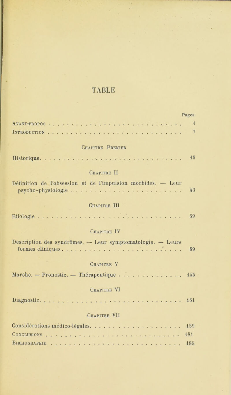 TABLE Papes. Avant-propos 1 Introduction 7 Chapitre Premier Historique ^ IS Chapitre II Définition de l’obsession et de l'impulsion morbides. — Leur psycho-physiologie 43 Chapitre III Etiologie o9 Chapitre IV Description des syndrômes. — Leur symptomatologie. — Leurs formes cliniques . ' '. . . . 69 Chapitre V Marche. — Pronostic. — Thérapeutique . 146 Chapitre VI Diagnostic 151 Chapitre VII Considérations médico-légales 159 Conclusions 181 Bibliographie 185