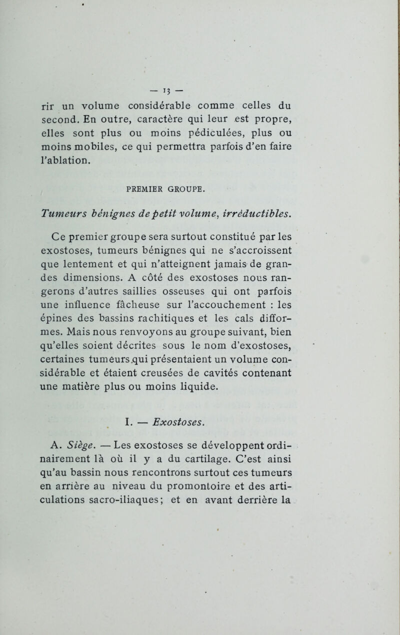 — Jî rir un volume considérable comme celles du second. En outre, caractère qui leur est propre, elles sont plus ou moins pédiculées, plus ou moins mobiles, ce qui permettra parfois d'en faire l'ablation. PREMIER GROUPE. Tumeurs bénignes de petit volume, irréductibles. Ce premier groupe sera surtout constitué par les exostoses, tumeurs bénignes qui ne s'accroissent que lentement et qui n'atteignent jamais de gran- des dimensions. A côté des exostoses nous ran- gerons d’autres saillies osseuses qui ont parfois une influence fâcheuse sur l’accouchement : les épines des bassins rachitiques et les cals diffor- mes. Mais nous renvoyons au groupe suivant, bien qu’elles soient décrites sous le nom d’exostoses, certaines tumeurs .qui présentaient un volume con- sidérable et étaient creusées de cavités contenant une matière plus ou moins liquide. I. — Exostoses. A. Siège. — Les exostoses se développent ordi- nairement là où il y a du cartilage. C'est ainsi qu’au bassin nous rencontrons surtout ces tumeurs en arrière au niveau du promontoire et des arti- culations sacro-iliaques; et en avant derrière la