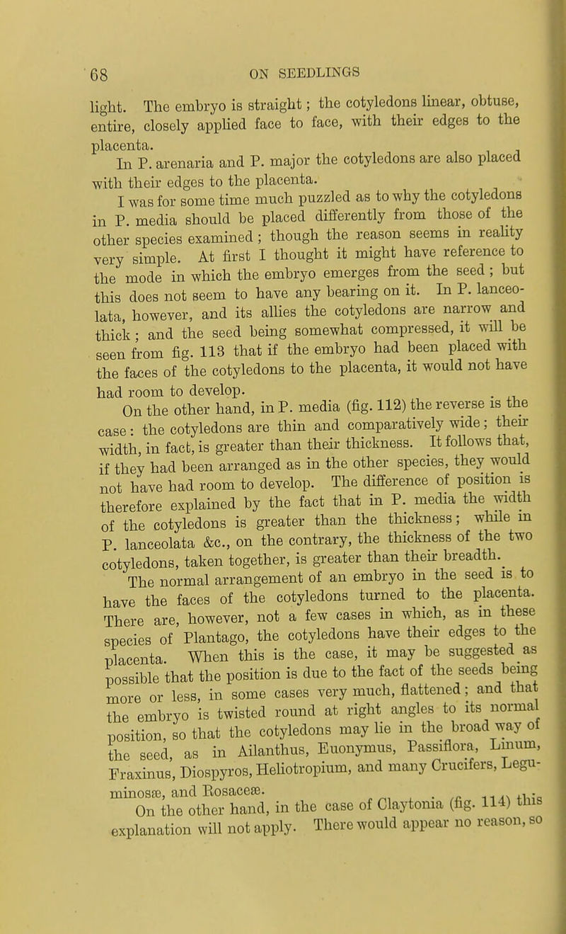 light. The embryo is straight; the cotyledons linear, obtuse, entire, closely apphed face to face, with their edges to the placenta. In P. arenaria and P. major the cotyledons are also placed with their edges to the placenta. I was for some time much puzzled as to why the cotyledons in P. media should be placed differently from those of the other species examined; though the reason seems in reahty very simple. At first I thought it might have reference to the mode in which the embryo emerges from the seed ; but this does not seem to have any bearing on it. In P. lanceo- lata, however, and its allies the cotyledons are narrow and thick • and the seed being somewhat compressed, it will be seen from fig. 113 that if the embryo had been placed with the faces of the cotyledons to the placenta, it would not have had room to develop. . On the other hand, in P. media (fig. 112) the reverse is the case • the cotyledons are thin and comparatively wide; then: width, in fact, is greater than their thickness. It follows that, if they had been arranged as in the other species, they would not have had room to develop. The difference of position is therefore explained by the fact that in P. media the width of the cotyledons is greater than the thickness; while m P lanceolata &c., on the contrary, the thickness of the two cotyledons, taken together, is greater than then- breadth.^ The normal arrangement of an embryo m the seed is to have the faces of the cotyledons turned to the placenta. There are, however, not a few cases in which, as m these species of Plantago, the cotyledons have their edges to the placenta When this is the case, it may be suggested as possible that the position is due to the fact of the seeds being more or less, in some cases very much, flattened; and that the embryo is twisted round at right angles to its normal position, so that the cotyledons may lie in the broad way of the seed, as in Ailanthus, Euonymus, Passiflora, Lmum, Fraxmus, Diospyros, HeUotropium, and many Crucifers, Legu- minosffi, and Eosacese. +i,;q On the other hand, in the case of Claytoma (fig. lU) tins explanation will not apply. There would appear no reason, so
