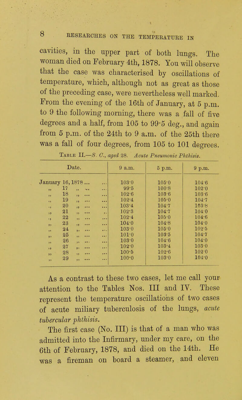 cavities, in the upper part of both lungs. The woman died on February 4th, 1878. You will observe that the case was characterised by oscillations of temperature, which, although not as great as those of the preceding case, were nevertheless well marked. From the evening of the 16th of January, at 5 p.m. to 9 the following morning, there was a fall of five degrees and a half, from 105 to 99-5 deg., and again from 5 p.m. of the 24th to 9 a.m. of the 25th there was a fall of four degrees, from 105 to 101 degrees. Table II.—S. O., aged 28. Acute Pneumonic Phthisis. Date. 9 a.m. 5 p.m. 9 p.m. January 16,1878 103-0 105-0 104-6 „ 17 , 99-5 100-8 102-0 18 „ 102-6 103-6 103-6 19 „ 102-4 105-0 104-7 20 „ ; 103-4 104-7 103-8 „ 21 „ 102-3 104-7 1040 22 „ 102-4 105-0 104-6 „ 23 , 104-0 104-8 104-0 24 , 103-0 105-0 102-5 „ 25 „ 101-0 103-5 104-7 26 , 103-0 104-6 104-0 „ 27 „ 102-0 103-4 103-0 „ 28 „ 100-5 102-6 102-0 29 „ 100-0 103-0 104-0 As a contrast to these two cases, let me call your attention to the Tables Nos. Ill and IV. These represent the temperature oscillations of two cases of acute miliary tuberculosis of the lungs, acute tubercular phthisis. The first case (No. Ill) is that of a man who was admitted into the Infirmary, under my care, on the 6th of February, 1878, and died on the 14th. He was a fireman on board a steamer, and eleven