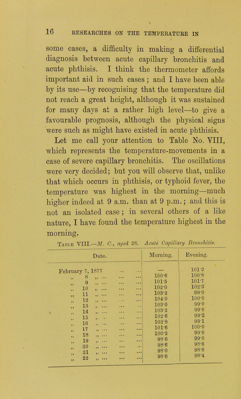 16 RESEAKCHES ON THE TEMPERATURE IN some cases, a difficulty in making a differential diagnosis between acute capillary bronchitis and acute phthisis. I think the thermometer affords important aid in such cases ; and I have been able by its use—by recognising that the temperature did not reach a great height, although it was sustained for many days at a rather high level—to give a favourable prognosis, although the physical signs were such as might have existed in acute phthisis. Let me call your attention to Table No. VIII, which represents the temperature-movements in a case of severe capillary bronchitis. The oscillations were very decided; but you will observe that, unlike that which occurs in phthisis, or typhoid fever, the temperature was highest in the morning—much higher indeed at 9 a.m. than at 9 p.m.; and this is not an isolated case; in several others of a like nature, I have found the temperature highest in the morning. Table VIII.—M. G., aged 28. Acute Gapillary Bronchitis. Date. February 7, 1877 ,, 9 ,, . „ 10 , .. „ 11 „ .. II 12 ,) . „ 13 , . „ 14 „ . „ 15 „ 16 ,. . I, 17 „ . „ 18 „ . „ 19 „ . „ 20 „ . I, 21 ,, ■ 22 II • Morning. Evening. 101-2 100-6 100-8 101-5 101-7 102-0 102-3 103-2 99-0 104-0 100-0 103-0 99-0 103-2 99-6 102-6 99-2 102-8 99-1 101-6 100-0 100-2 99-6 98-6 99-0 98-6 98-6 98-0 98-6 98-6 98-4