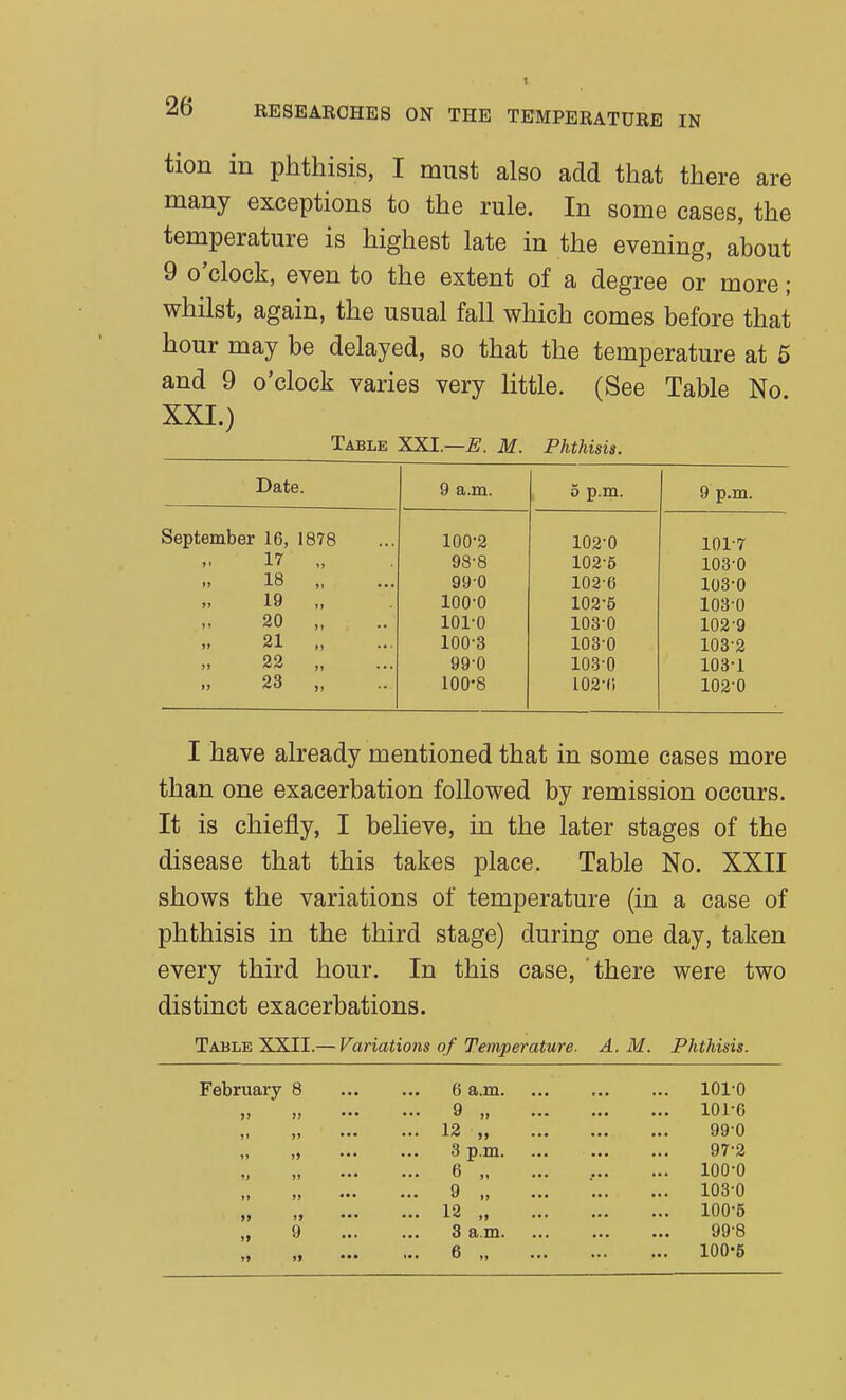 tion in phthisis, I must also add that there are many exceptions to the rule. In some cases, the temperature is highest late in the evening, about 9 o'clock, even to the extent of a degree or more; whilst, again, the usual fall which comes before that hour may be delayed, so that the temperature at 5 and 9 o'clock varies very Httle. (See Table No XXI.) Table XXI.—E. M. Phthisis. Date. 9 a.m. 0 p.m. 9 p.m. September 16, 1878 100-2 102-0 101-7 17 „ 98-8 102-5 103-0 18 990 102-6 103-0 19 „ 100-0 102-5 103-0 20 „ 101-0 103-0 102-9 21 „ 100-3 103-0 103-2 22 „ 99-0 103-0 103-1 23 „ 100-8 102-li 102-0 I have already mentioned that in some cases more than one exacerbation followed by remission occurs. It is chiefly, I believe, in the later stages of the disease that this takes place. Table No. XXII shows the variations of temperature (in a case of phthisis in the third stage) during one day, taken every third hour. In this case, there were two distinct exacerbations. Table XXII.— Variations of Temperature. A.M. Phthisis. February 8 6 a.m. ... 101-0 „ , 9 „ 101-6 )l J) ••• ••• 12 ••• ••• 99 0 „ 3 p.m 97-2 6 100-0 9 „ 108-0 „ „ 12 „ 100-5 „ 9 3 a.m 99-8 , 6 „ lOO'S