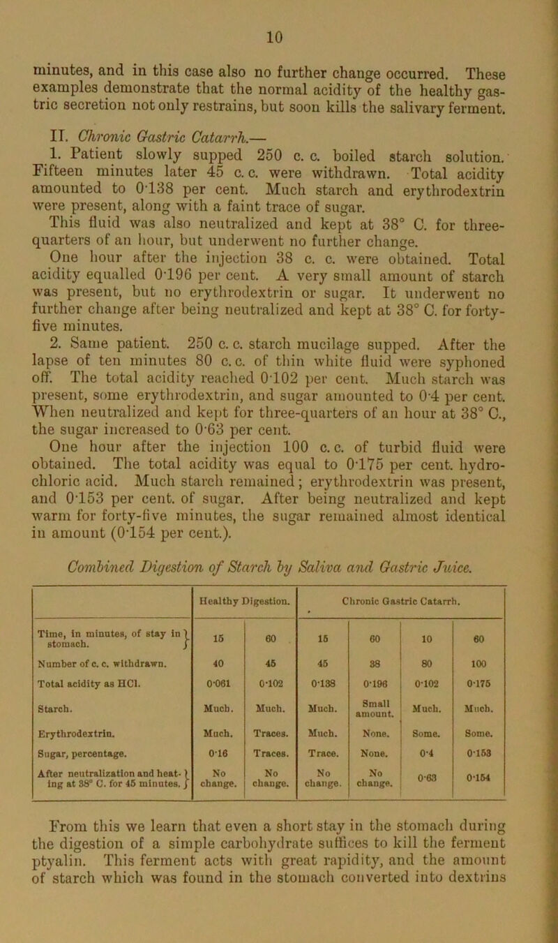 minutes, and in this case also no further change occurred. These examples demonstrate that the normal acidity of the healthy gas- tric secretion not only restrains, but soon kills the salivary ferment. IT. Chronic Gastric Catarrh.— 1. Patient slowly supped 250 c. c. boiled starch solution. Fifteen minutes later 45 c. c. were withdrawn. Total acidity amounted to 0138 per cent. Much starch and erythrodextrin were present, along with a faint trace of sugar. This fluid was also neutralized and kept at 38° C. for three- quarters of an hour, but underwent no further change. One hour after the injection 38 c. c. were obtained. Total acidity equalled 0T96 per cent. A very small amount of starch was present, but no erythrodextrin or sugar. It underwent no further change after being neutralized and kept at 38° C. for forty- five minutes. 2. Same patient. 250 c. c. starch mucilage supped. After the lapse of ten minutes 80 c. c. of thin white lluid were syphoned off. The total acidity reached 0102 per cent. Much starch was present, some erythrodextrin, and sugar amounted to 0'4 per cent. When neutralized and kept for three-quarters of an hour at 38° C., the sugar increased to 063 per cent. One hour after the injection 100 c. c. of turbid fluid were obtained. The total acidity was equal to 0175 per cent, hydro- chloric acid. Much starch remained; erythrodextrin was present, and 0453 per cent, of sugar. After being neutralized and kept warm for forty-five minutes, the sugar remained almost identical in amount (0454 per cent.). Combined Digestion of Starch by Saliva and Gastric Juice. Healthy Digestion. Chronic Gastric Catarrh. Time, in minutes, of stay in 1 stomach. j 16 60 16 60 10 60 Number of c. c. withdrawn. 40 46 46 38 80 100 Total acidity as HC1. 0-061 0-102 0-138 0-196 0102 0-176 Starch. Much. Much. Much. Small amount. Much. Much. Erythrodextrin. Much. Traces. Much. None. Some. Some. Sugar, percentage. 016 Traces. Trace. None. 0-4 0163 After neutralization and heat- > ing at 38° C. for -15 minutes. J No No No No 0*63 0-164 change. change. change. change. From this we learn that even a short stay in the stomach during the digestion of a simple carbohydrate suffices to kill the ferment ptyalin. This ferment acts with great rapidity, and the amount of starch which was found in the stomach converted into dextrins