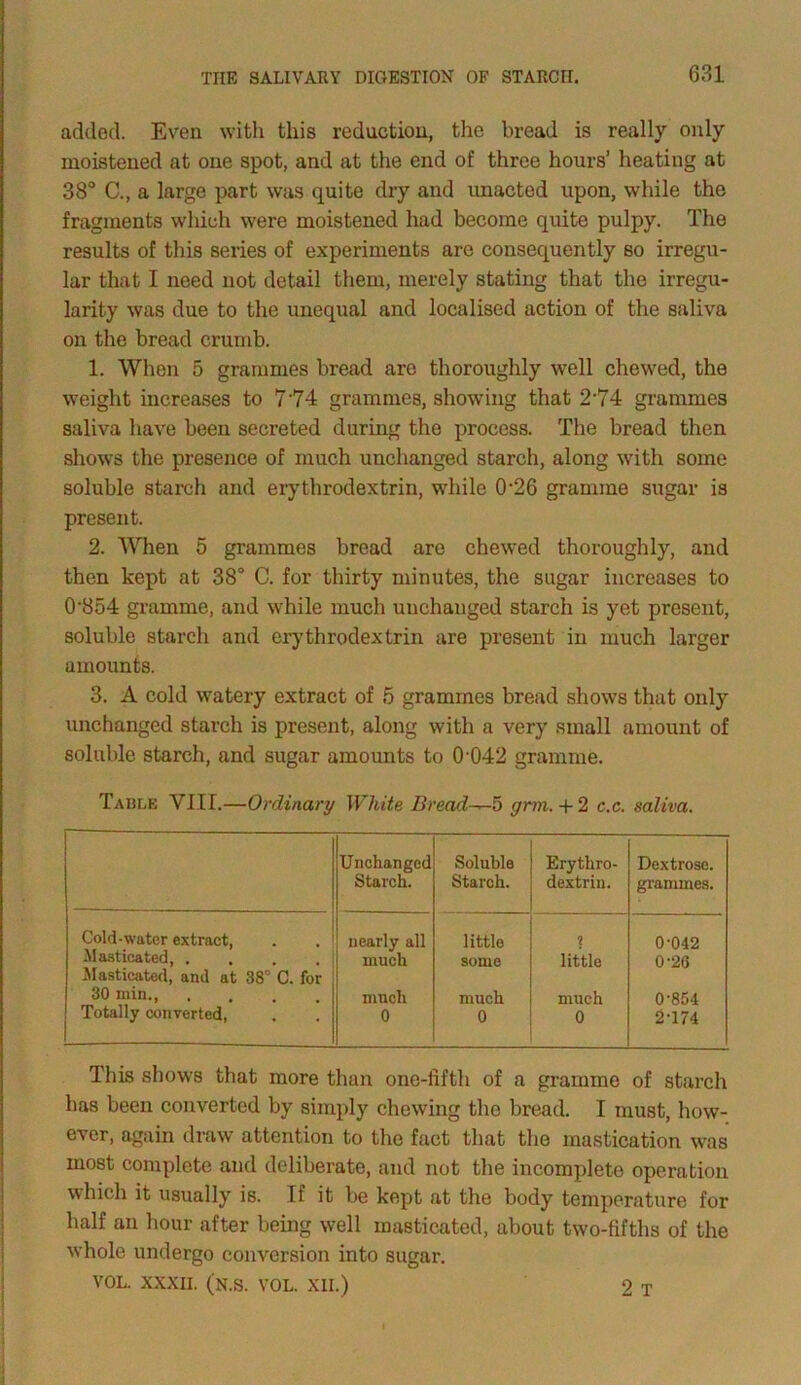 added. Even with this reduction, the bread is really only moistened at one spot, and at the end of three hours’ heating at 38° C., a large part was quite dry and imacted upon, while the fragments which were moistened had become quite pulpy. The results of this series of experiments are consequently so irregu- lar that I need not detail them, merely stating that the irregu- larity was due to the unequal and localised action of the saliva on the bread crumb. 1. When 5 grammes bread are thoroughly well chewed, the weight increases to 774 grammes, showing that 274 grammes saliva have been secreted during the process. The bread then shows the presence of much unchanged starch, along with some soluble starch and erythrodextrin, while 0‘26 gramme sugar is present. 2. When 5 grammes bread are chewed thoroughly, and then kept at 38° C. for thirty minutes, the sugar increases to 0-854 gramme, and while much unchanged starch is yet present, soluble starch and erythrodextrin are present in much larger amounts. 3. A cold watery extract of 5 grammes bread shows that only unchanged starch is present, along with a very small amount of soluble starch, and sugar amounts to 0-042 gramme. Table VIII.—Ordinary White Bread-^-5 grin. + 2 c.c. saliva. Unchanged Starch. Soluble Starch. Erythro- dextrin. Dextrose. grammes. Cold-water extract, nearly all little ? 0-042 Masticated, .... Masticated, and at 38° C. for much some little 0-26 30 min Totally converted, much much much 0-854 0 0 0 2-174 This shows that more than one-fifth of a gramme of starch has been converted by simply chewing the bread. I must, how- ever, again draw attention to the fact that the mastication was most complete and deliberate, and not the incomplete operation which it usually is. If it be kept at the body temperature for half an hour after being well masticated, about two-fifths of the whole undergo conversion into sugar. VOL. XXXII. (N.S. VOL. XII.) 2 T