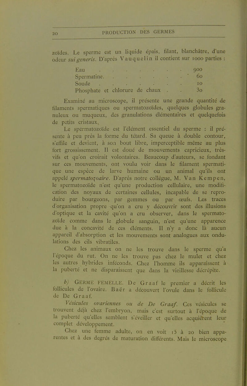 zoides. Le sperme est un liquide e'pais, filant, blanchâtre, d'une odeur suigenei-is. D'après Vauquelin il contient sur looo parties : Eau 900 Spermatine. . . . . ■ . ' 60 Soude 10 Phosphate et chlorure de chaux . . 3o Examiné au microscope, il présente une grande quantité de filaments spermatiques ou spermatozoïdes, quelques globules gra- nuleux ou muqueux, des granulations élémentaires et quelquefois de petits cristaux. Le spermatozoïde est l'élément essentiel du sperme : il pré- sente à peu près la forme du têtard. Sa queue à double contour, s'effile et devient, à son bout libre, imperceptible même au plus fort grossissement. Il est doué de mouvements capricieux, très- vifs et qu'on croirait volontaires. Beaucoup d'auteurs, se fondant sur ces mouvements, ont voulu voir dans le filament spermati- que une espèce de larve humaine ou un animal qu'ils ont appelé spennato:{oaire. D'après notre collègue, M. Van Kempen, le spermatozoïde n'est qu'une production cellulaire, une modifi- cation des noyaux de certaines cellules, incapable de se repro- duire par bourgeons, par gemmes ou par œufs. Les traces d'organisation propre qu'on a cru y découvrir sont des illusions d'optique et la cavité qu'on a cru observer, dans le spermato- zoïde comme dans le globule sanguin, n'est qu'une apparence due à la concavité de ces éléments. 11 n'y a donc là aucun appai'eil d'absorption et les mouvements sont analogues aux ondu- lations des cils vibratiles. Chez les animaux on ne les trouve dans le sperme qu'a l'époque du rut. On ne les trouve pas chez le mulet et chez les autres hybrides inféconds. Chez l'homme ils apparaissent à la puberté et ne disparaissent que dans la vieillesse décrépite. b) Germe femelle. De Graaf le premier a décrit les follicules de l'ovaire. Baër a découvert l'ovule dans le foUicule de De Graaf. Vésicules ovariennes ou de De Graaf. Ces vésicules se trouvent déjà chez l'embryon, mais c'est surtout à l'époque de la puberté qu'elles semblent s'éveiller et qu'elles acquièrent leur complet développement. Chez une femme adulte, on en voit i5 à 20 bien appa- rentes et à des degrés de maturation différents. Mais le microscope