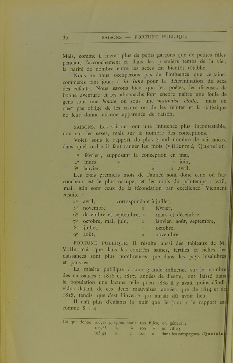 Mais, comme il meurt plus de petits garçons que de petites filles pendant l'accouchement et dans les premiers temps de la vie, la parité de nombre entre les sexes est bientôt rétablie. Nous ne nous occuperons pas de l'influence que certaines commères font jouer à la lune pour la détermination du sexe des enfants. Nous savons bien que les poètes, les diseuses de bonne aventure et les almanachs font encore naître une foule de gens sous une bonne ou sous une mauvaise étoile, mais on n'est pas obligé de les croire ou de les réfuter et la statistique ne leur donne aucune apparence de raison. SAISONS, Les saisons ont une influence plus incontestable, non sur les sexes, mais sur le nombre des conceptions. Voici, sous le rapport du plus grand nombre de naissances, dans quel ordre il faut ranger les mois (Villermé, Quetelet). 10 février, supposant la conception en mai, 2° mars » » » juin, 3° janvier » » » avril. Les trois premiers mois de l'année sont donc ceux où l'ac- coucheur est le plus occupé, et les mois du printemps : avril, mai, juin sont ceux de la fécondation par excellence. Viennent ensuite : 4° avril, correspondant à juillet, 5° novembre » février, 6° décembre et septembre, » mars et décembre, 7° octobre, mai, juin, » 8° juillet, » 9° août, » FORTUNE PUBLIQUE. Il résulte aussi des tableaux de M. Villermé, que dans les contrées saines, fertiles et riches, les naissances sont plus nombreuses que dans les pays insalubres et pauvres. La misère pubhque a une grande influence sur le nombre des naissances : i8i6 et 1817, années de disette, ont laissé dans la population une lacune telle qu'en i83o il y avait moins d'indi- vidus datant de ces deux mauvaises années que de 1814 et de 1815, tandis que c'est l'inverse qui aurait dû avoir lieu. 11 naît plus d'enfants la nuit que le jour : le rapport es comme 5 : 4. janvier, août, septembre, octobre, novembre. Ce qui donne io5,i3 garçons pour 100 filles, en général; 104,35 » » 100 » en ville; 105,42 » » 100 » dans les campagnes. (Quetele