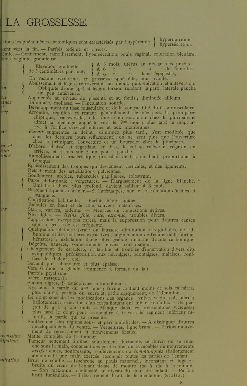 tous les phénomènes anatomiques sont caractérisés par Thypérémie | hypersécrétion' .ent vers la fin. — Parfois œdème et varices. Imie. — Gonflement, ramollissement, hypersécrétion, pouls vaginal, coloration bleuâtre, fois vagmite granuleuse. yrcussion flpation \^ltation Elévation graduelle de 5 centimètres par mois. En en g A 3 mois, utérus A 6 )î « A 9 » » rossesse sphéroïde. au niveau des purbis » de l'ombilic, dans l'épigastre, puis ovoïde. vacuité pyriforme , ^ ( Abaissement et légère rétroversion au début, puis élévation et antéversion. \ Obliquité droite (4/5) et léeère torsion rendant la paroi latérale gauche paroi latérale gauche diminuée ailleurs. quité droite (4/5) ( un peu antérieure. Augmentée au niveau du placenta et au fonds , Diminuée, mollasse. — Fluctuation sourde. Développement du tissu musculaire et de la contractilité du tissu musculaire. Arrondie, régulière et restant, généralement, fermée chez la primipare; elliptique, transversale, elle s'ouvre en entonnoir chez la pluripare et admet la phalange unguéale vers le 6^® mois ; plus tard le doigt ar- rive à l'orifice cervical interne et aux membranes. Paraît augmentée au début , diminuée plus tard , n'est modifiée que dans les derniers jours (effacement) : on ne sent plus que l'ouverture chez la primipare, l'ouverture et un bourrelet chez la pluripare. D'abord abaissé et i-egardant en bas, le col se relève et regarde en arrière, et 4 fois sur 5 un peu à gauche. Ramoliissement caractéristique, procédant de bas en haut, proportionel à , l'époque. Épaississement des trompes qui deviennent verticales, et des ligaments. Relâchement des articulations pelviennes. Gonflement, aréoles, tubercules papillaires, colostrum. I Paroi abdominale : vergetures. ;— Élargissement de la ligne blanche. / Ombilic d'abord plus profond, devient saillant â 6 mois. Besoins fréquents d'uriner.—Si l'utérus pèse sur le col rétention d'urines et strangurie. Constipation habituelle. — Parfois hémorrhoïdes. Refoulés en haut et de côté, souvent météorisés. Stases, varices, œdème. — Menaces de congestions actives. Névralgies. — Reins, foie, rate, estomac, troubles divers. Suppression (exceptions rares); mais la suppression pour d'autres causes que la grossesse est fréquente. {Quelquefois pléthore (vraie ou fausse) ; diminution des globules, de l'al- bumine et des matières extractives ; augmentation de l'eau et de la fibrine, hématose : exhalation d'une plus grande quantité d'acide carbonique- Dégoûts, nausées, vomissements, envies, constipation. ^ Changement de caractère, irritabilité et troubles d'innervation divers dits s sympathiques, prédisposition aux névralgies, odontalgies, malaises, bouf- ' fées de chaleur, etc. Devient plus abondante et plus épaisse. Vers 6 mois la glande commence a former du lait. Parfois ptyalisme. Ictère, masque (?). Sueurs aigres, (?) ostéophytes intra-crâniens. Kyestéine à partir du 2'^ mois ; l'urine contient moins de sels calcaires, plus d'urée, parfois du sucre et, pathologiquement, de l'albumine. Le doigt constate les modifications des organes : vulve, vagin, col, utérus; ballottement: sensation d'un corps flottant qui fuit et retombe. — Se per- çoit de 4 à 4 4/2 mois. — Manque dans les présentations vicieuses; plus tard le doigt peut reconnaître à travers le segment inférieur ra- molli, la partie qui se présente. Soulèvement des régions sous- et péri ombilicales. — A distinguer d'autres développements du ventre. — Vergetures, ligne brune. — Parfois mouve- ment de resserrement et mouvements fœtaux. Matité complète de la tumeur. Tumeur nettement limitée, sourdement fluctuante, se durcit ou se relâ- che sous la main, contenant des parties plus dures capables de mouvements actifs : chocs, soubresauts, soulèvements ou communiqués (ballottement abdominal); une main exercée reconnaît toutes les parties de l'enfant. Bruit de souffle. — Isochrone au pouls maternel , inconstant et fugace ; bruits du cœur de l'enfant, tic-tac de montre 120 à 160 à la minute. — Son maximum d'intensité au niveau du cœur de l'enfant. — Parfois bruit funiculaire. — Très-rarement bruit de fermentation. (Stoitz.) 8