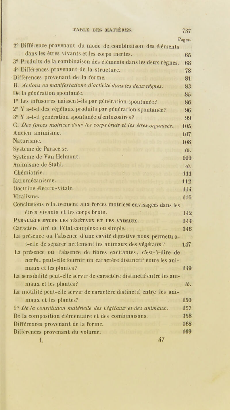 Page*. 2° Différence provenant du mode de combinaison des éléments dans les êtres vivants et les corps inertes. 66 3° Produits de la combinaison des éléments dans les deux règnes. 68 4° Différences provenant de la structure. 78 Différences provenant de la forme. 81 B. Jetions on manifestations d‘activité dans les deux règnes. 83 De la génération spontanée. 85 1° Les infusoires naissent-ils par génération spontanée? 86 2° Y a-t-il des végétaux produits par génération spontanée? 96 3° Y a-t-il génération spontanée d’entozoaires? 99 C. Des forces motrices dans les corps bruts et les êtres organisés. 105 Ancien animisme. t07 Naturisme. 108 Système de Paracelse. ,6. Système de Van Helmont. 109 Animisme de Stahl. Chémialrie. u 111 latromécanisme. 112 Doctrine électro-vitale. 114 Vitalisme. 116 Conclusions relativement aux forces motrices envisagées dans les êtres vivants et les corps bruts. 142 Parallèle entre les végétaux et les animaux. 144 Caractère tiré de l’état complexe ou simple. 146 La présence ou l’absence d’une cavité digestive nous permettra- t-elle de séparer nettement les animaux des végétaux? 147 La présence ou l’absence de fibres excitantes, c’est-à-dire de nerfs, peut-elle fournir un caractère distinctif entre les ani¬ maux et les plantes? 149 La sensibilité peut-elle servir de caractère distinctif entre les ani¬ maux et les plantes? ib. La motilité peut-elle servir de caractère distinctif entre les ani¬ maux et les plantes? 150 1° De la constitution matérielle des végétaux et des animaux. 157 De la composition élémentaire et des combinaisons. 158 Différences provenant de la forme. 168 Différences provenant du volume. 169 1. 47