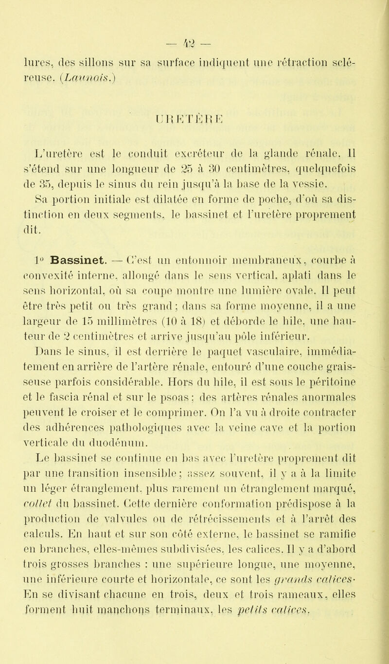 1 lires, des sillons sur sa surface indiquent une rétraction sclé- reuse. (Lciunois.) URETÈRE L’uretère est le conduit excréteur de la glande rénale, R s’étend sur une longueur de 25 à 30 centimètres, quelquefois de 35, depuis le sinus du rein jusqu’à la base de la vessie. Sa portion initiale est dilatée en forme de poche, d’où sa dis- tinction en deux segments, le bassinet et l’uretère proprement dit. 1° Bassinet. — C’est un entonnoir membraneux, courbe à convexité interne, allongé dans le sens vertical, aplati dans le sens horizontal, où sa coupe montre une lumière ovale. Tl peut être très petit ou très grand ; dans sa forme moyenne, il a une largeur de 15 millimètres (10 à 18) et déborde le hile, une hau- teur de 2 centimètres et arrive jusqu’au pôle inférieur. Dans le sinus, il est derrière le paquet vasculaire, immédia- tement en arrière de l’artère rénale, entouré d’une couche grais- seuse parfois considérable. Hors du hile, il est sous le péritoine et le fascia rénal et sur le psoas ; des artères rénales anormales peuvent le croiser et le comprimer. On l’a vu à droite contracter des adhérences pathologiques avec la veine cave et la portion verticale du duodénum. Le bassinet se continue en bas avec l’uretère proprement dit par une transition insensible; assez souvent, il y a à la limite un léger étranglement, plus rarement un étranglement marqué, collet du bassinet. Cette dernière conformation prédispose à la production de valvules ou de rétrécissements et à l’arrêt des calculs. En haut et sur son côté externe, le bassinet se ramifie en branches, elles-mêmes subdivisées, les calices. R y a d’abord trois grosses branches : une supérieure longue, une moyenne, une inférieure courte et horizontale, ce sont les grands calices- En se divisant chacune en trois, deux et trois rameaux, elles forment huit mapchops terminaux, les petits calices.