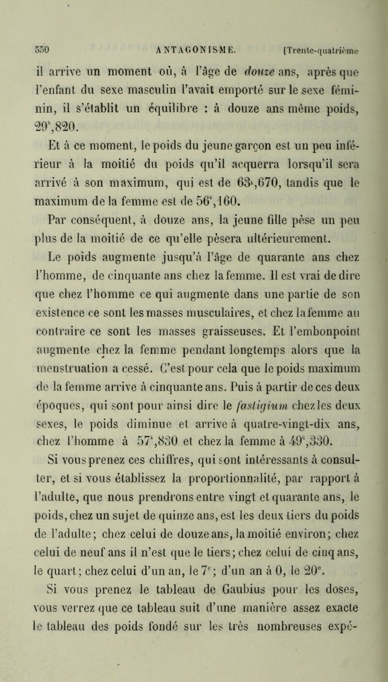 il arrive un moment où, à l’âge de douze ans, après que l’enfant du sexe masculin l’avait emporté sur le sexe fémi- nin, il s’établit un équilibre : à douze ans même poids, 29\820. Et à ce moment, le poids du jeune garçon est un peu infé- rieur à la moitié du poids qu’il acquerra lorsqu’il sera arrivé à son maximum, qui est de 63k,670, tandis que le maximum de la femme est de 56k,160. Par conséquent, à douze ans, la jeune fille pèse un peu plus de la moitié de ce qu’elle pèsera ultérieurement. Le poids augmente jusqu’à l’âge de quarante ans chez l’homme, de cinquante ans chez la femme. Il est vrai de dire que chez l’homme ce qui augmente dans une partie de son exist ence ce sont les masses musculaires, et chez la femme au contraire ce sont les masses graisseuses. Et l’embonpoint augmente chez la femme pendant longtemps alors que la menstruation a cessé. C’est pour cela que le poids maximum de la femme arrive à cinquante ans. Puis à partir de ces deux époques, qui sont pour ainsi dire le fasligium chez les deux sexes, le poids diminue et arrive à quatre-vingt-dix ans, chez l’homme à 57k,830 et chez la femme à 49k,330. Si vous prenez ces chiffres, qui sont intéressants à consul- ter, et si vous établissez la proportionnalité, par rapport à l’adulte, que nous prendrons entre vingt et quarante ans, le poids, chez un sujet de quinze ans, est les deux tiers du poids de l’adulte; chez celui de douze ans, la moitié environ; chez celui de neuf ans il n’est que le tiers; chez celui de cinq ans, le quart; chez celui d’un an, le 7e; d’un an à 0, le 20e. Si vous prenez le tableau de Gaubius pour les doses, vous verrez que ce tableau suit d’une manière assez exacte le tableau des poids fondé sur les très nombreuses expé-