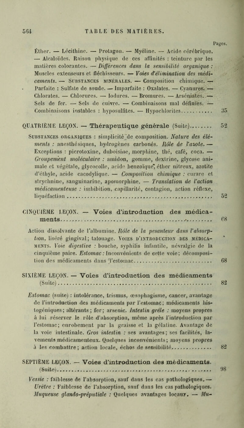 Éther. — Lécithine. — Protagon. — Myéline. — Acide cérébrique. — Alcaloïdes. Raison physique de ces affinités : teinture par les matières colorantes. — Différences dans la sensibilité organique : Muscles extenseurs et fléchisseurs. — Voies d’élimination des médi- caments. — Substances minérales. — Composition chimique. — Parfaite : Sulfate de soude. — Imparfaite : Oxalates. — Cyanures. — Chlorates. — Chlorures. — lodures. — Bromures. — Arséniates. — Sels de fer. — Sels de cuivre. — Combinaisons mal définies. — Combinaisons instables : hyposulfites. — Hypoehlorites 35 QUATRIÈME LEÇON. — Thérapeutique générale (Suite) 52 Substances organiques : simplicité ((de composition. Nature des élé- ments : anesthésiques, hydrogènes carbonés. Rôle de l'azote. — Exceptions : picrotoxine, duhoisine, morphine, thé, café, coca. — Groupement moléculaire : amidon, gomme, dextrine, glycose ani- male et végétale, glycocolle, acide; benzoïque* éther nitreux, azotite d’éthyle, acide cacodylique. — Composition chimique : curare et strychnine, sanguinarine, apomorphine. — Translation de l’action médicamenteuse : imbibition, .capillarité, contagion, action réflexe, liquéfaction , 52 CINQUIÈME LEÇON. — Voies d’introduction des médica- ments ,, ,, 68 Action dissolvante de l’albumine. Rôle de la pesanteur dans l’absorp- tion, liséré gingival; tatouage. Voies d’introduction des médica- ments. Voie digestive : bouche, syphilis infantile, névralgie de la cinquième paire. Estomac : Inconvénients de cette voie; décomposi- tion des médicaments dans Testomac 68 SIXIÈME LEÇON. — Voies d’introduction des médicaments (Suite) 82 Estomac (suite) : intolérance, trismus, œsophagisme, cancer, avantage de l’introduction des médicaments par l’estomac; médicaments his- togéniques; altérants; fer; arsenic. Intestin grêle : moyens propres à lui réserver le rôle d’absorption, même après l’introduction par l’estomac; enrobement par la graisse et la gélatine. Avantage de la voie intestinale. Gros intestin : ses avantages; ses facilités, la- vements médicamenteux. Quelques inconvénients; moyens propres à les combattre; action locale, échos de sensibilité 82 SEPTIÈME LEÇON. — Voies d’introduction des médicaments. (Suite) !>8 Vessie : faiblesse de l’absorption, sauf dans les eas pathologiques.— Urètre : Faiblesse de l’absorption, sauf dans les cas pathologiques. Muqueuse glando-préputiale : Quelques avantages locauy. — Mu-